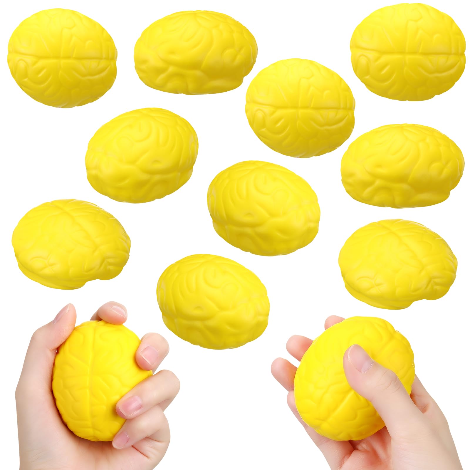 12 Pack Brain Stress Balls - Halloween Party Favors, PU Hand Exercise Balls for Stress Relief & Grip Strength Training - Fun Sensory Toys for Teens & Adults - Great for Office, Classroom, and Therapy Use (Yellow)