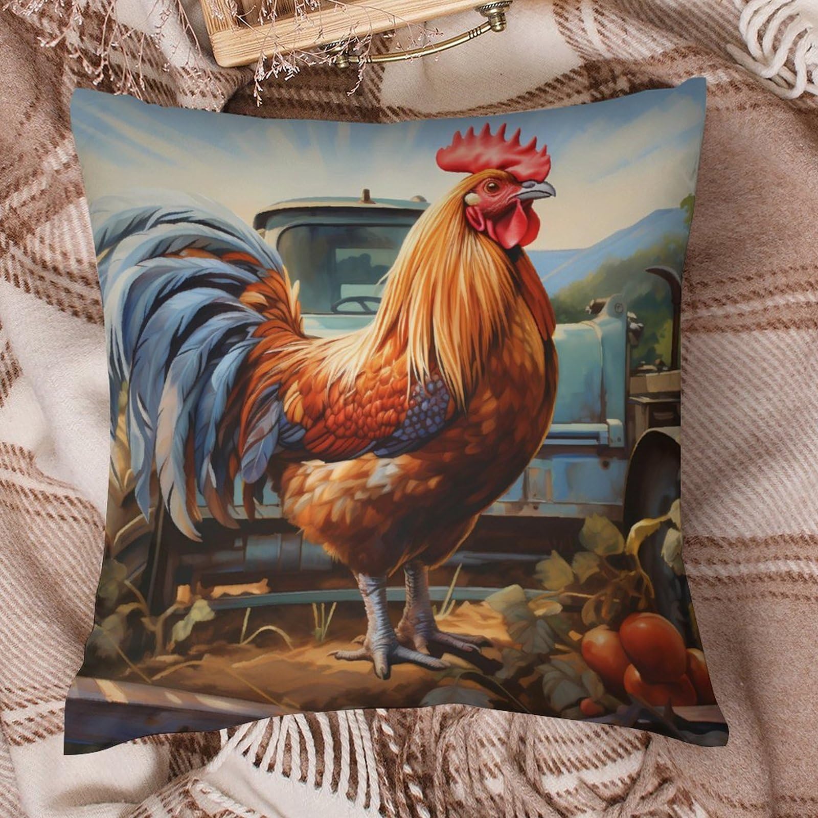 Funny Rooster Throw Pillow Covers - 18x18 Inch Square Decorative Cushion Cases for Sofa, Couch, Living Room & Car - Farmhouse Home Decor & Funny Gift Idea