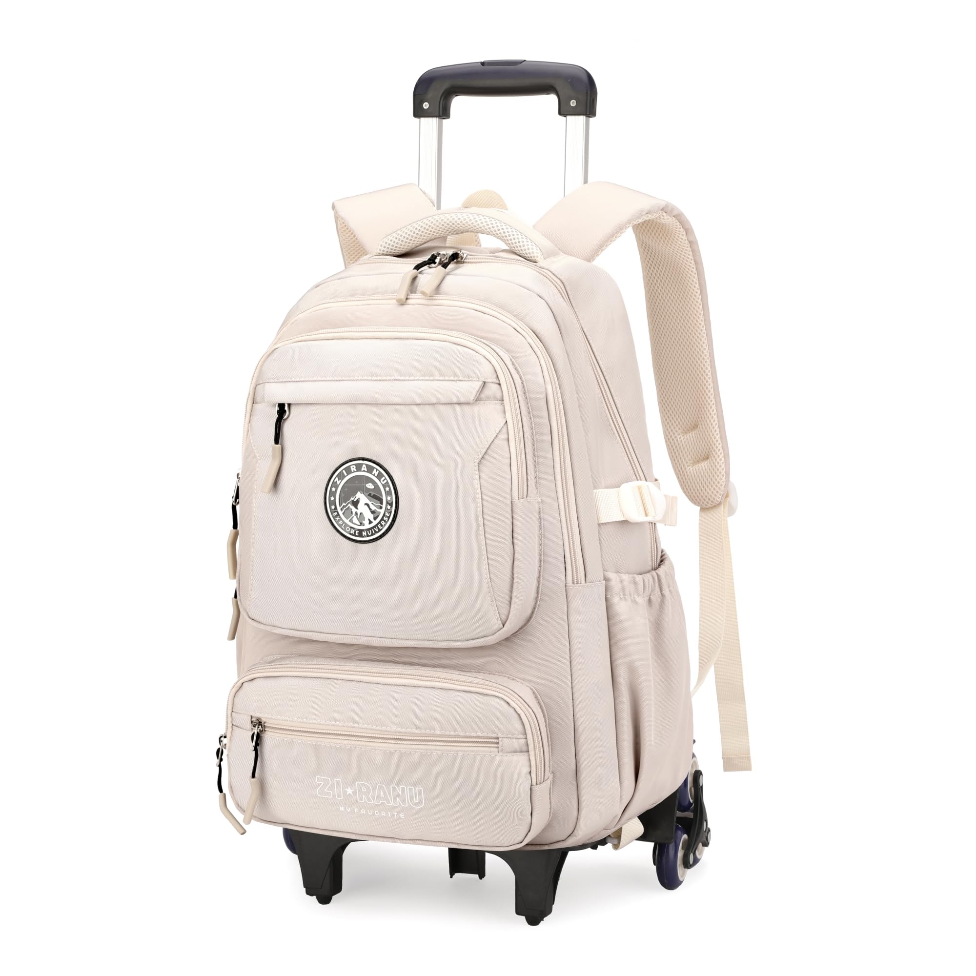 Rolling Backpack for Boys & Girls - 6-Wheel Rolling School Backpack with Wheels for Elementary & Middle School Students, Beige - Perfect for School, Travel & Daily Commute