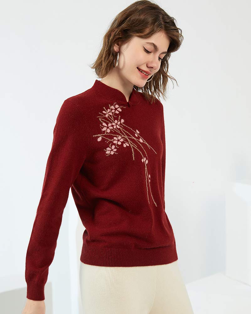 Zhili Women's 100% Pure Cashmere Embroidered Mandarin Collar Pullover Sweater - Soft & Warm Winter Knitwear for Office, Dating & Holiday Outfits