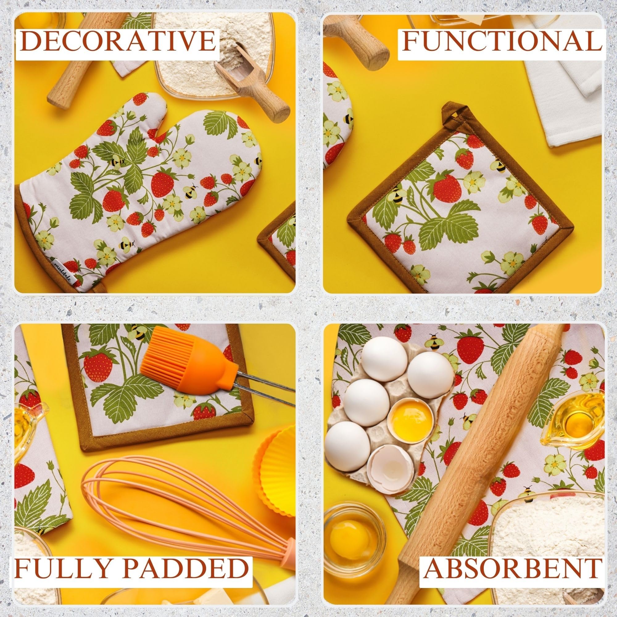 Muldale Oven Mitt and Kitchen Towel Set - 5-Piece Strawberry Pattern Heat Resistant Pot Holders & Dish Cloths - Kitchen Textile Decor Accessories for Baking, Cooking & Home Decor