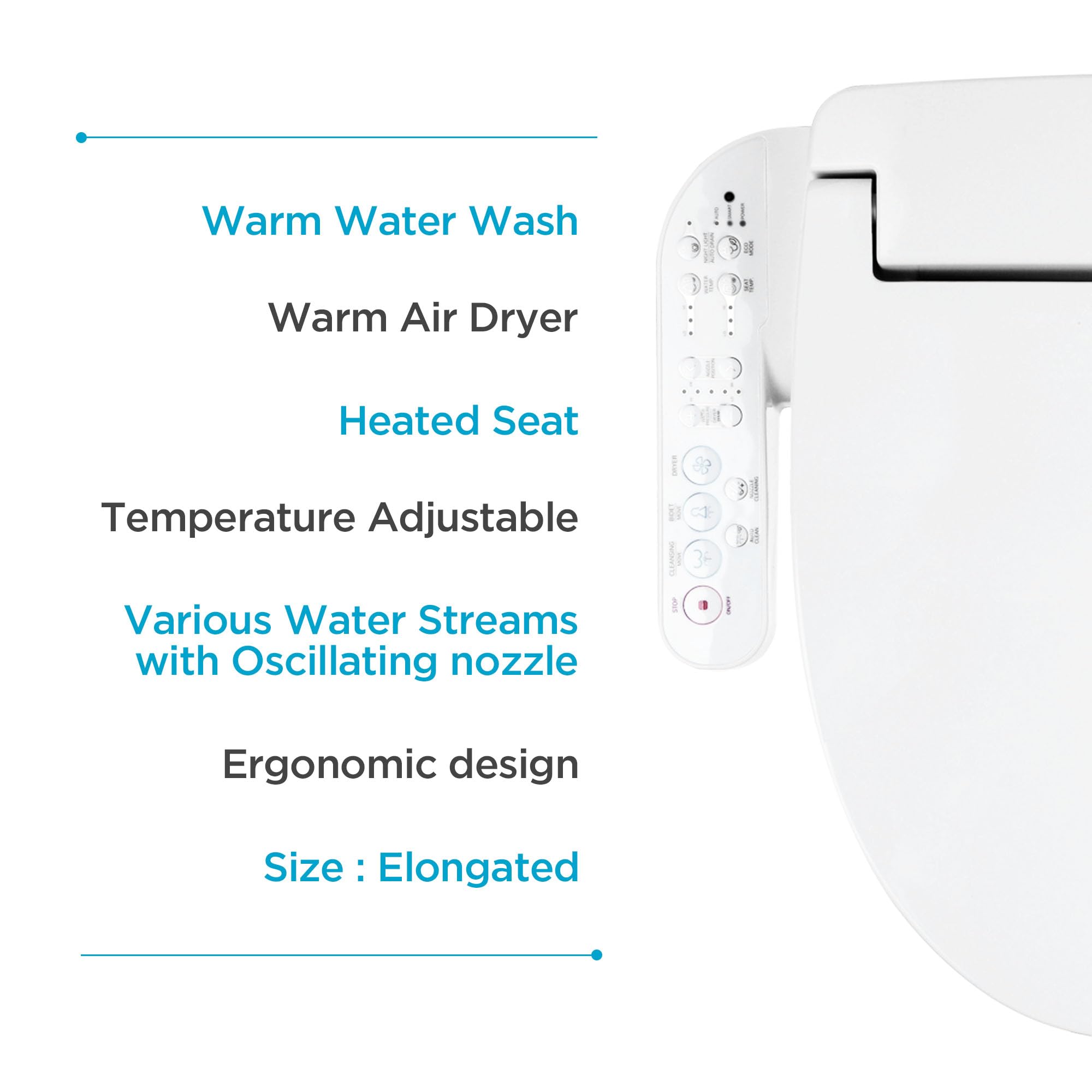 Blooming NB-1360E Smart Bidet Toilet Seat with Warm Water Wash, Heated Seat & Air Dryer - Stainless Steel Nozzle, Night Light, Soft-Close Lid - Fits Elongated Toilets (White) - Perfect for Bathroom Comfort & Hygiene Upgrade