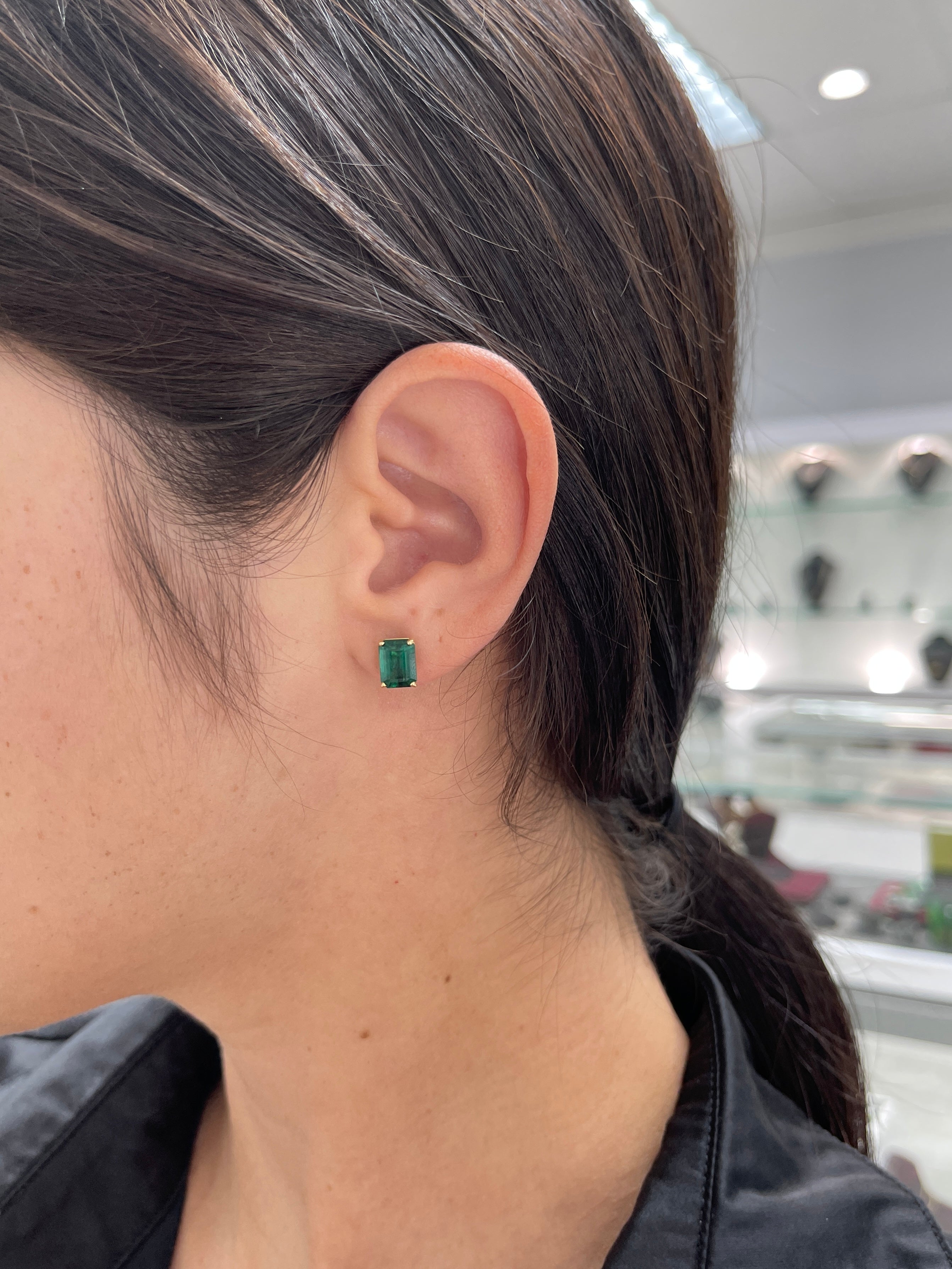AAA 5.0TCW Vivid Dark Forest Green Emerald Cut Solitaire Stud Earrings in Solid 18K Gold - Perfect for Weddings, Parties & Special Occasions