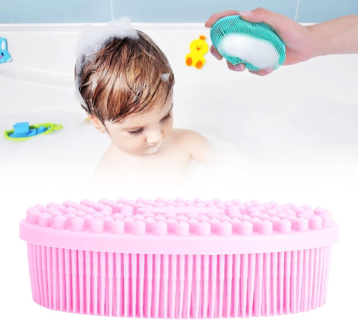 Voxmix Silicone Shower Cleaning Brush - Double Sided Hygienic Bath Scrubber for Adults & Babies - Portable Hair & Body Brush for Bathroom, Spa & Travel (Pink)