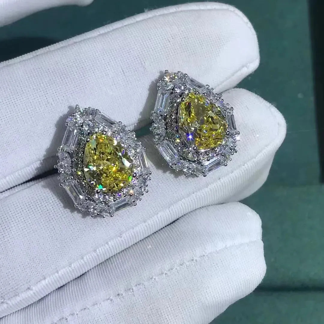 WUIHA 925 Sterling Silver 3EX Pear 8CT VVS Yellow Diamond & Pink Sapphire Moissanite Stud Earrings - Elegant Drop Earrings for Women, Perfect for Weddings, Parties & Gift Giving