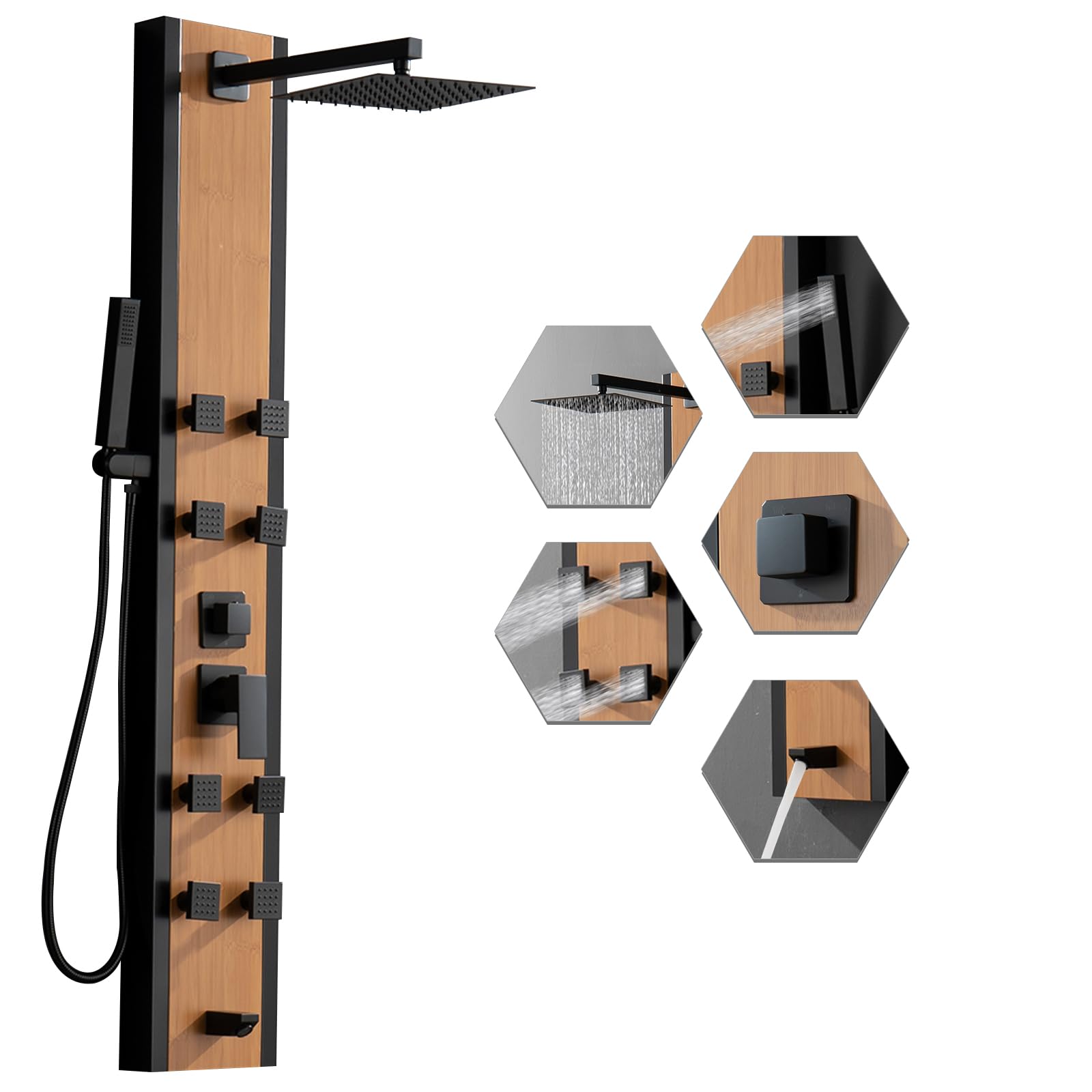 Premium BWE Stainless Steel 8-Jet Shower Panel System - Multi-Function Wall Mount Shower Column with Handheld Wand, Black & Bamboo Design for Luxurious Spa-Like Bathroom Experience
