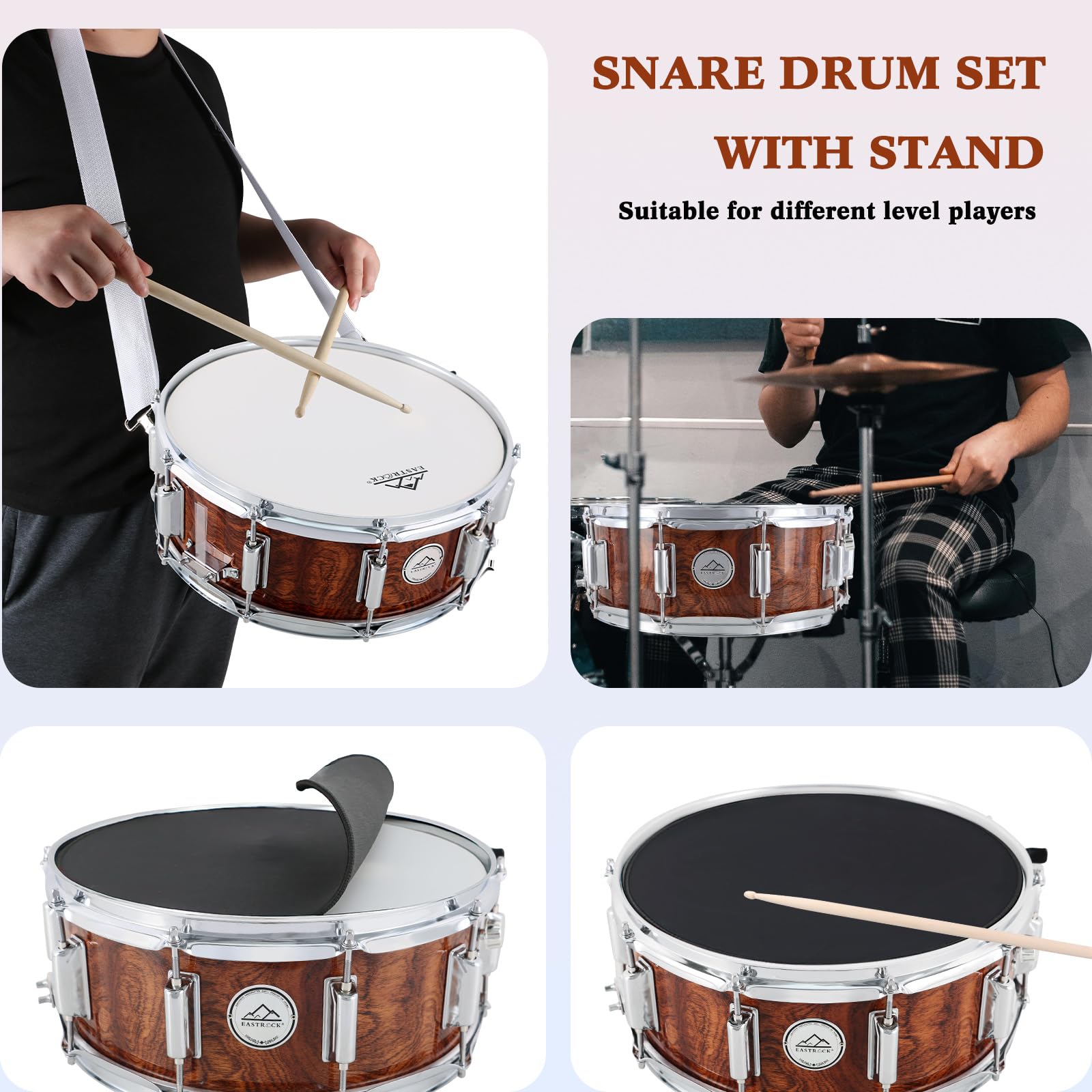 EASTROCK 14x5.5 Inch Snare Drum Set for Beginners - Includes Gig Bag, Drumsticks, Stand & Keys - Coated Tiger-Stripe Drum Head - Perfect for Students, Practice & Live Performances