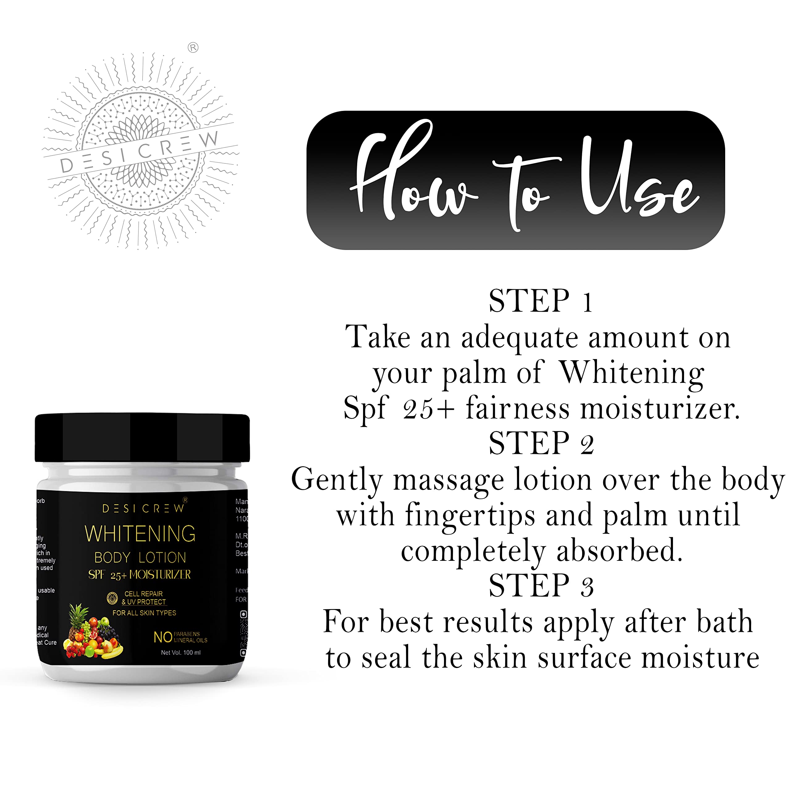Desi Crew Whitening Body Lotion SPF 15+ Moisturizer for Face, Hands & Body - Fairness Cream with Sun Protection (Pack of 3 x 300ml Jars) - Daily Hydration for Dry Skin & Sun Care Routine
