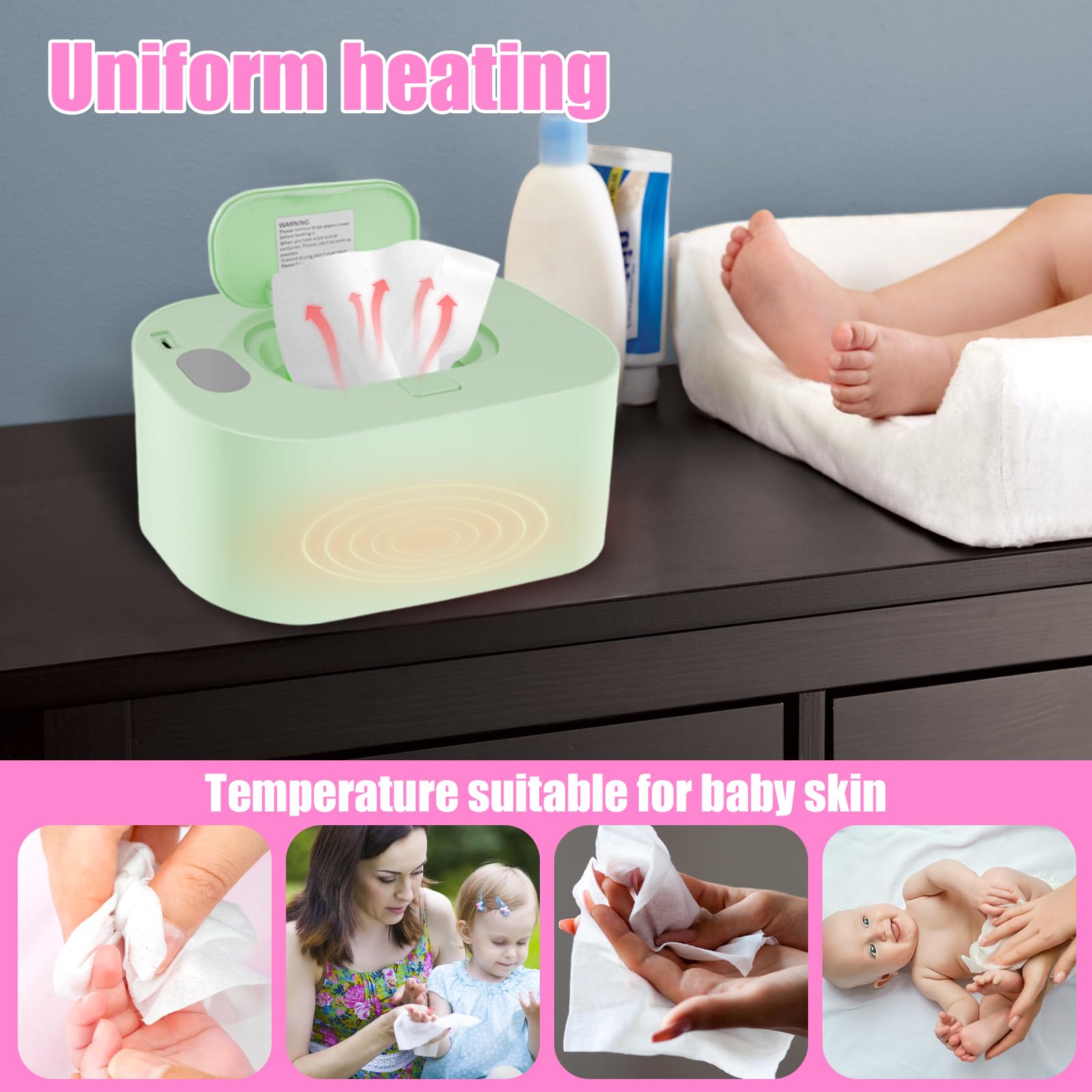 USB Baby Wipe Warmer with Thermostat - 20×12×10cm Portable Wet Wipes Heater for Even Heating | Reusable Baby Wipes Dispenser to Prevent Dryness | Perfect for Car, Home & Nursery Use (Green)