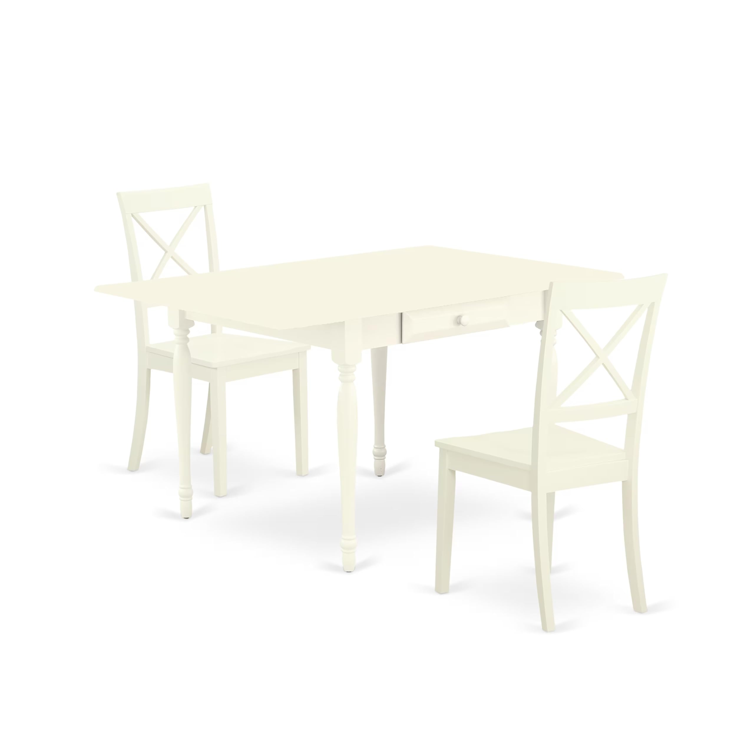 East West Furniture 3 Piece Dining Table Set for Small Spaces - 36x54 Inch Rectangle Drop Leaf Table with 2 Wood Chairs in Linen White | Compact Kitchen & Apartment Dining Solution (Model MZBO3-LWH-W)