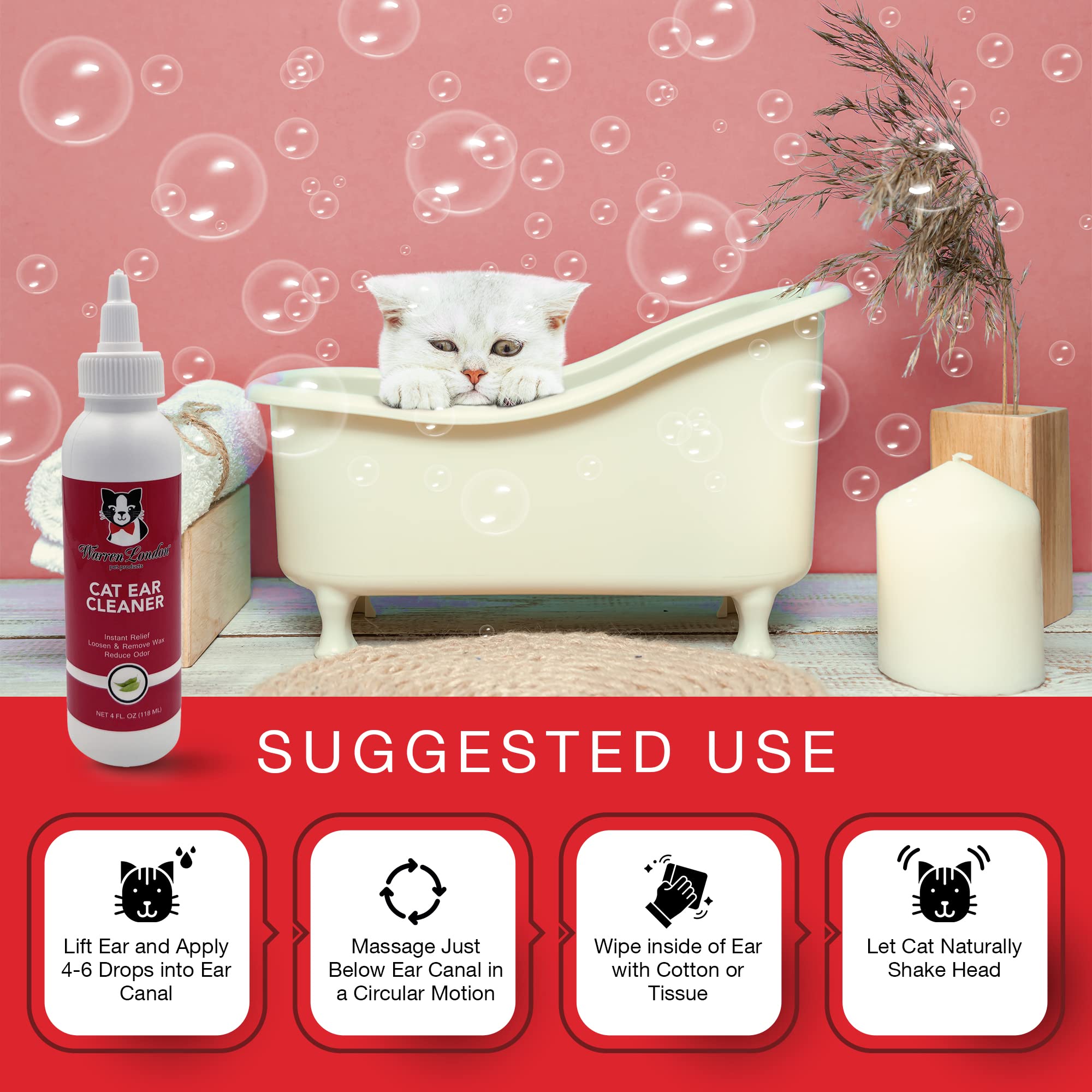 Warren London Cat Ear Cleaner with Aloe Vera - Gentle Ear Cleaning Solution for Cats & Kittens - Made in USA - Perfect for Routine Ear Care and Wax Removal at Home