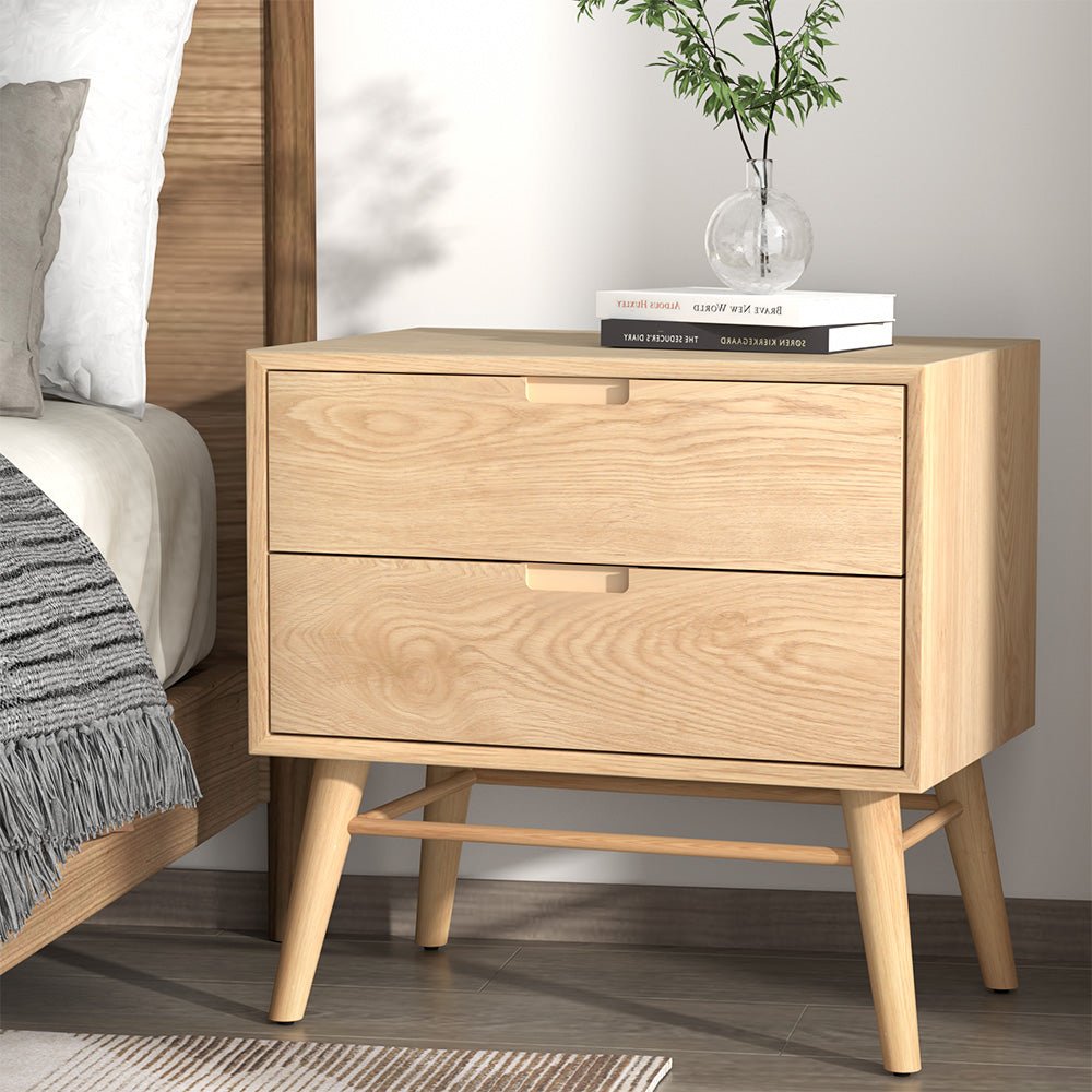 Gino Oak Bedside Table with 2 Drawers - Nightstand for Bedroom, Living Room, or Office - Compact Storage Solution with Drawers for Books, Lamps, and Essentials