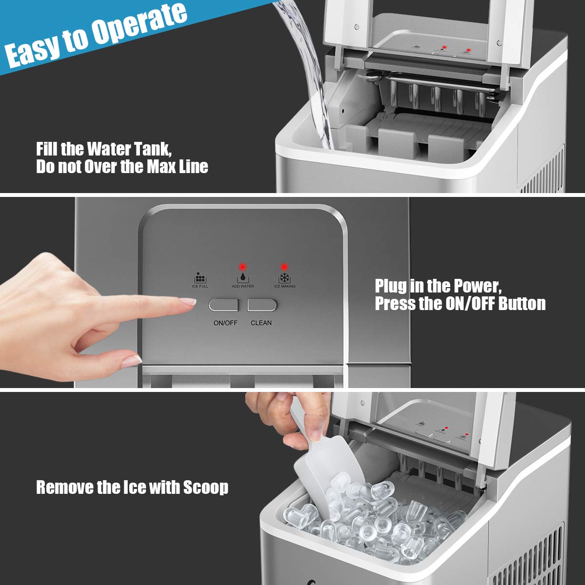 COSTWAY Portable Countertop Ice Maker Machine - 26Lbs/24H Capacity with Self-Cleaning Function, Makes Bullet Ice Cubes in 8 Minutes, Includes Scoop & Removable Basket - Perfect for Home, Office, Parties, Bars, and Outdoor Gatherings (Silver)