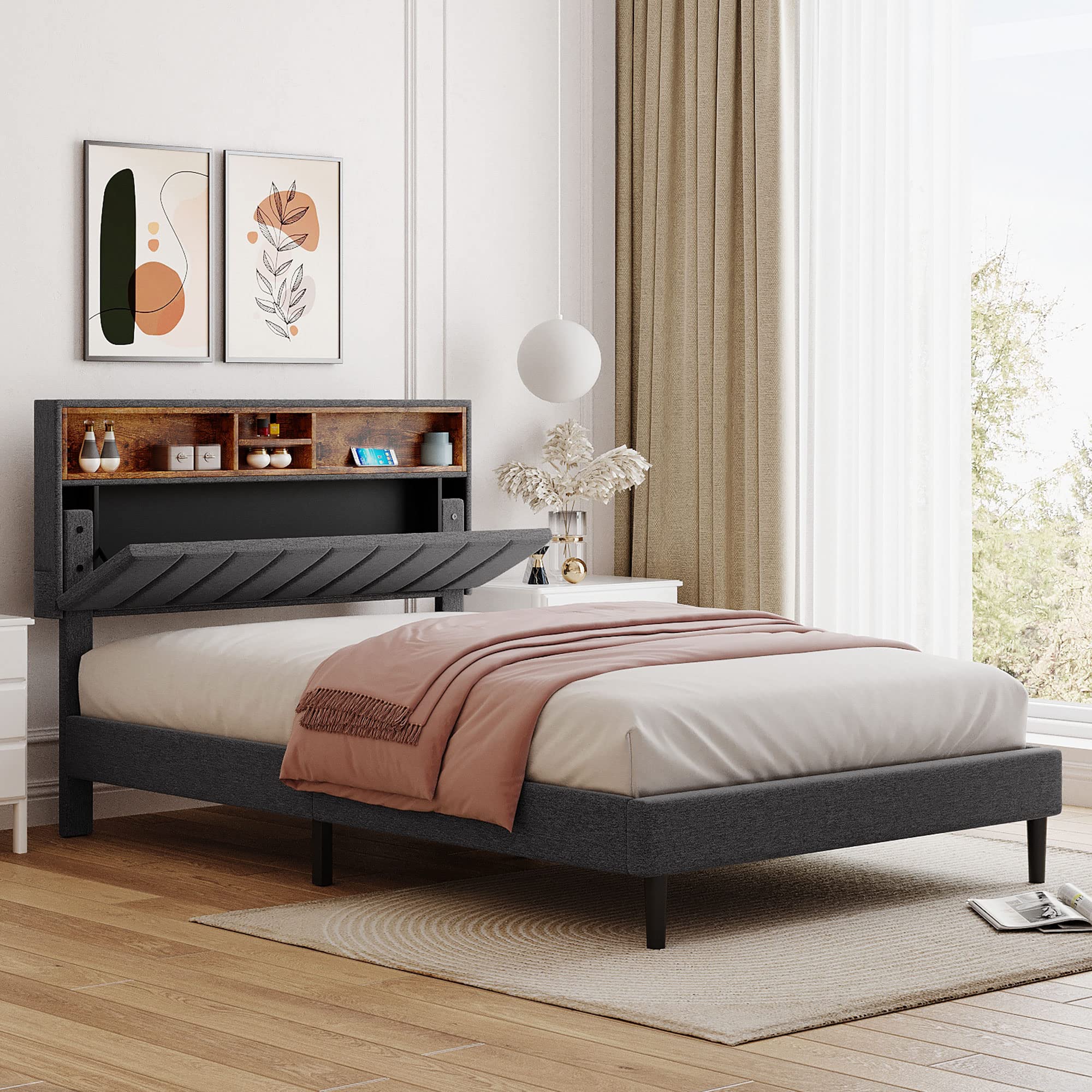 **Full Size LED Bed Frame with Headboard - Upholstered Platform Bed with Hidden Storage & USB Ports, Linen Fabric, No Box Spring Needed, Easy Assembly (Gray) - Perfect for Modern Bedrooms, Guest Rooms & Small Spaces**