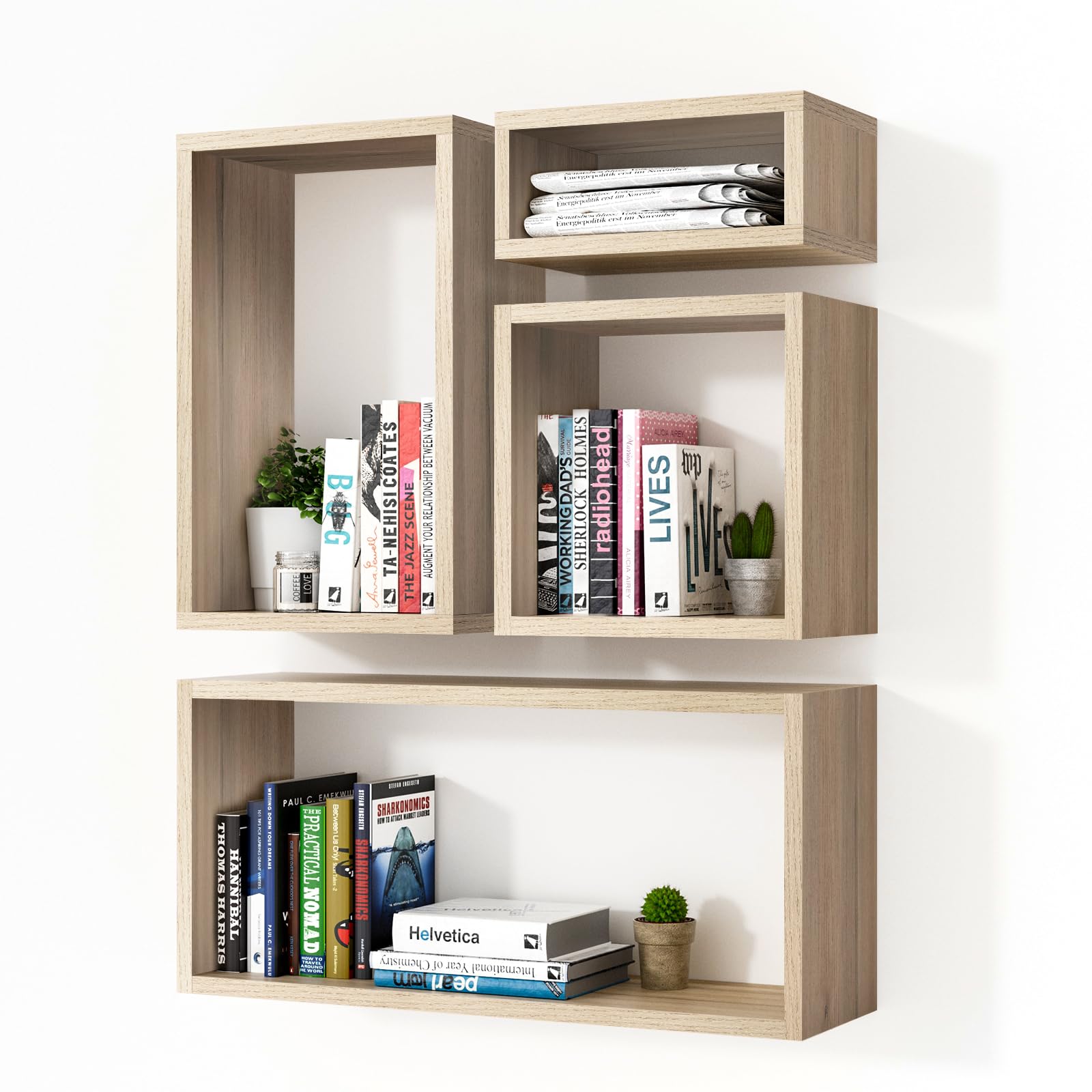 Kaboon Wall Mount Shelf Set of 4 - Floating Cube Shelves for Home & Office Decor - Large Size Oak Wood Shelving Unit - Perfect for Living Room, Bedroom, Kitchen & Commercial Spaces