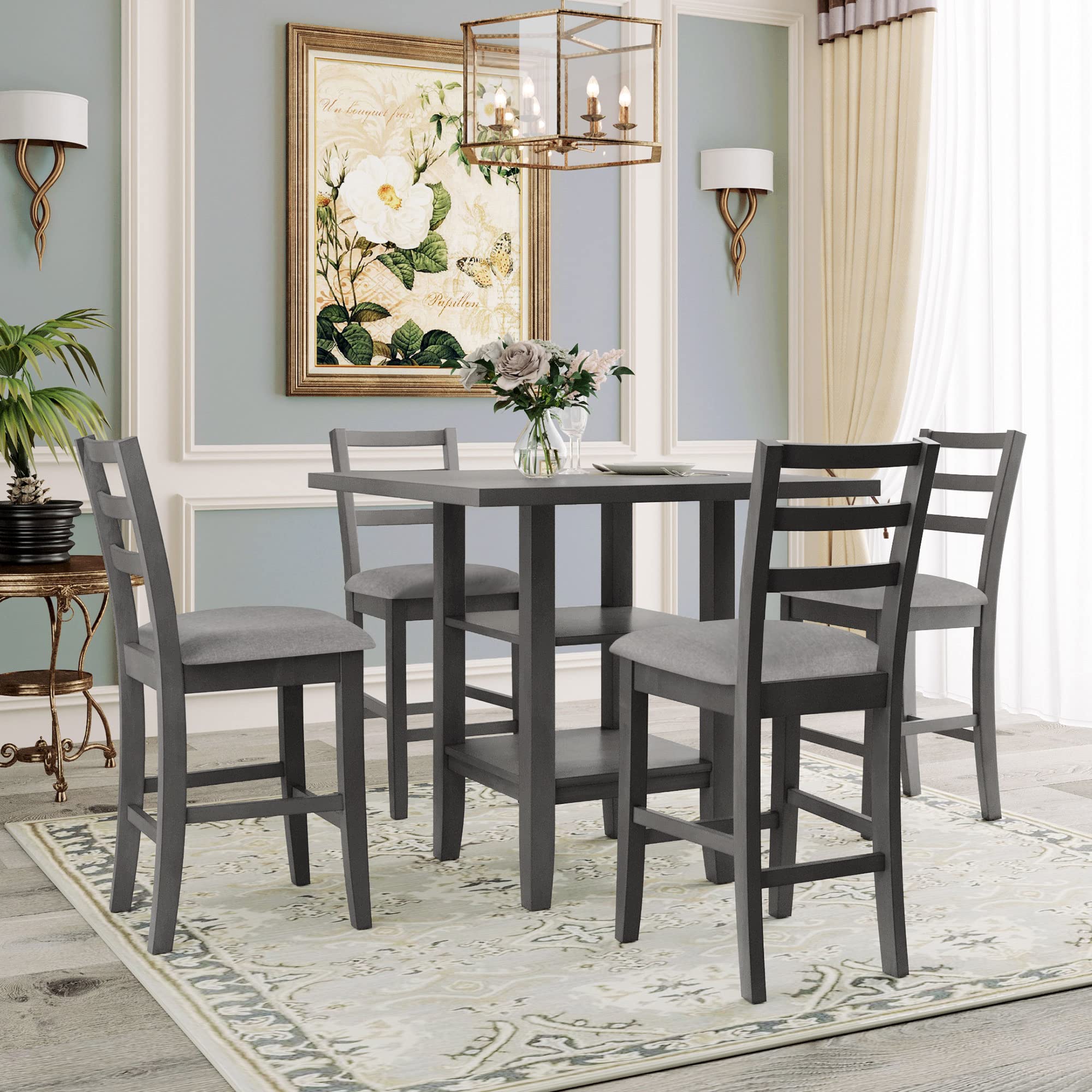 AOCOROE 5-Piece Counter Height Dining Table Set for 4 - 35 x 35 Inch Wood Table with 4 Padded Chairs - Perfect for Small Spaces, Dinette Kitchen, Breakfast Nook & Dining Room - Modern Farmhouse Style