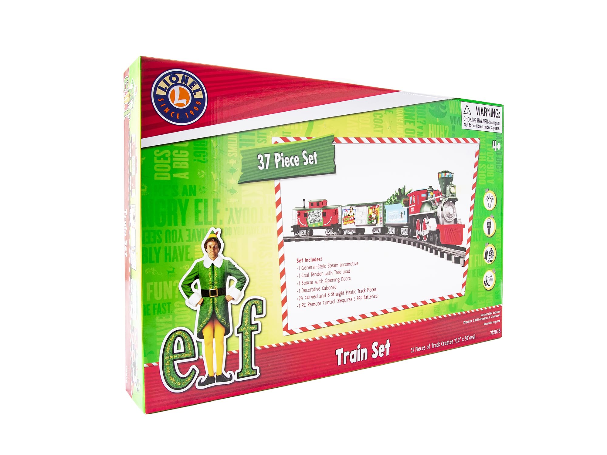 Lionel Battery-Powered Elf Toy Train Set with Locomotive, 4 Train Cars, 8-Piece Track & Remote Control - Realistic Train Sounds & LED Lights for Kids Ages 4+ | Perfect for Christmas Decorations, Birthday Gifts & Holiday Playtime