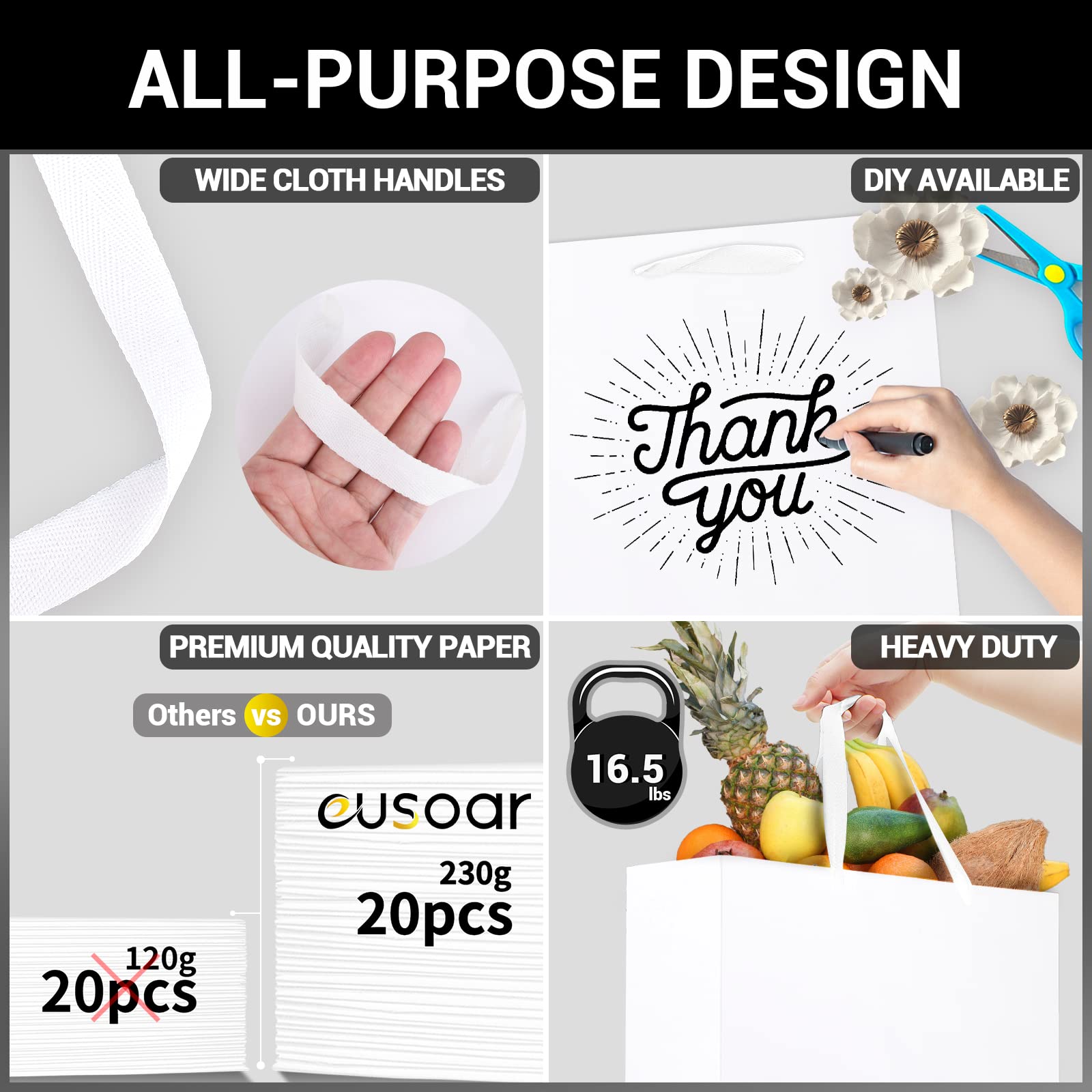 EUSOAR 20 Pack White Gift Bags with Handles 12.5x4.5x11 Inch - Bulk Paper Party Favor Bags for Weddings, Business Gifts, Lunches & Special Occasions | Elegant Wrapping Solution for Birthdays, Baby Showers & Corporate Events