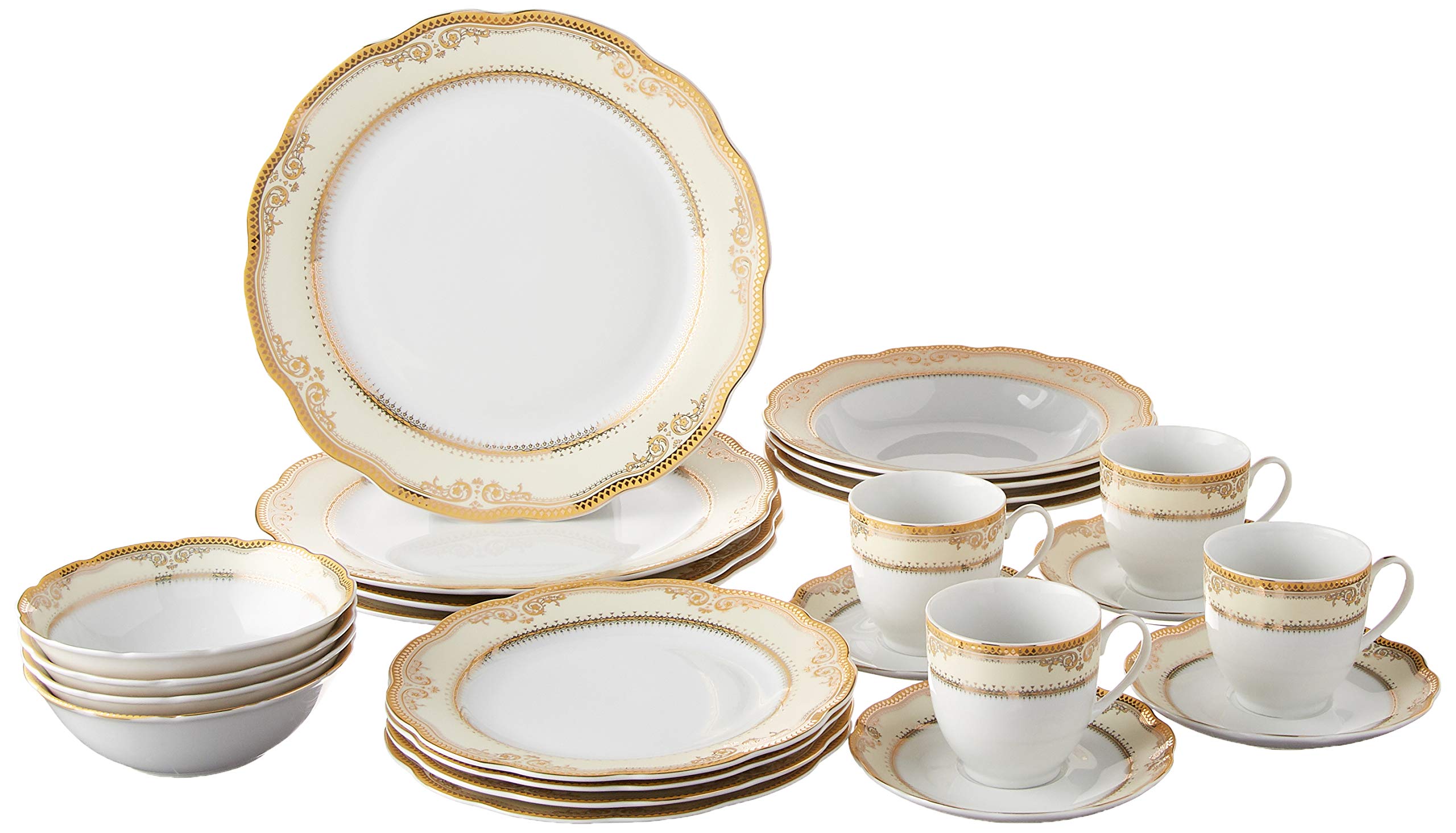 Lorren Home Trends 24-Piece Isabella Porcelain Dinnerware Set with Wavy Edge - Elegant White Dish Set for Formal Dining, Dinner Parties & Holiday Entertaining