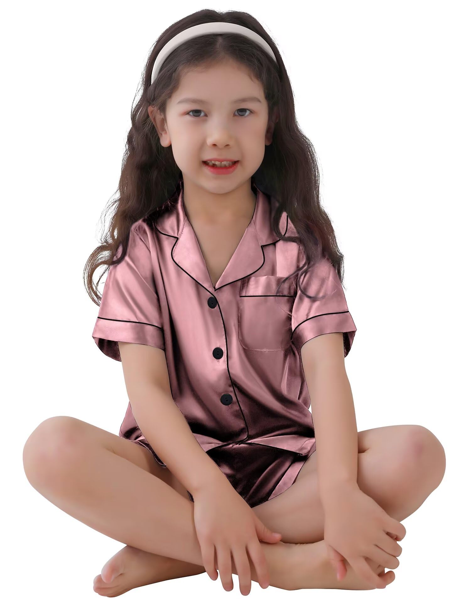 SWOMOG Kids Satin Pajama Set for Girls & Boys - Soft Button-Down Short Sleeve Silk Pjs, 2-Piece Comfortable Nightwear & Lounge Outfit - Perfect for Sleepovers, Bedtime & Relaxing at Home
