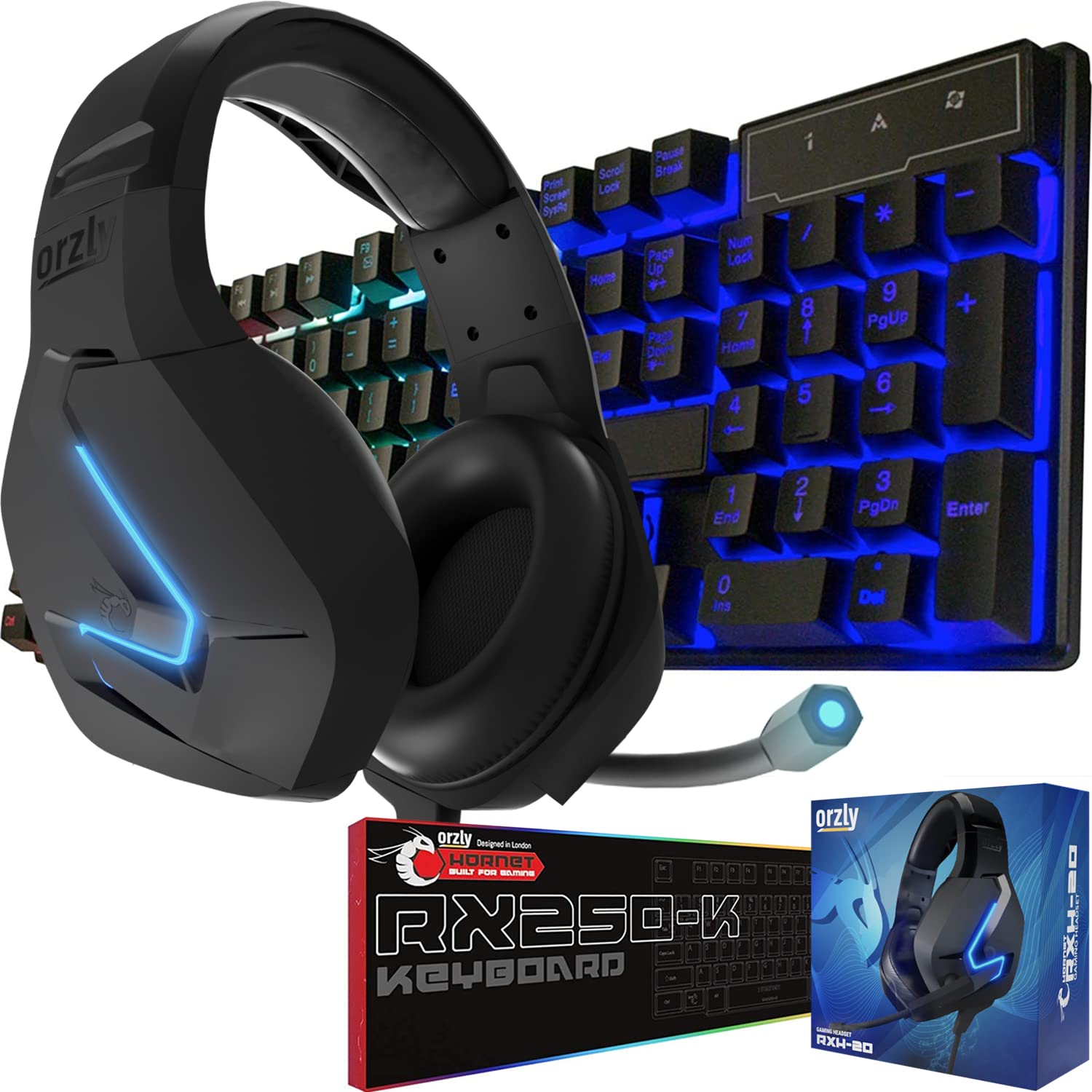 Orzly Gaming Keyboard and RXH-20 Gaming Headset Combo - Abyssal Black | Ergonomic Mechanical Keyboard with Noise-Canceling Headphones for PC, PS5, Xbox Gaming & Streaming