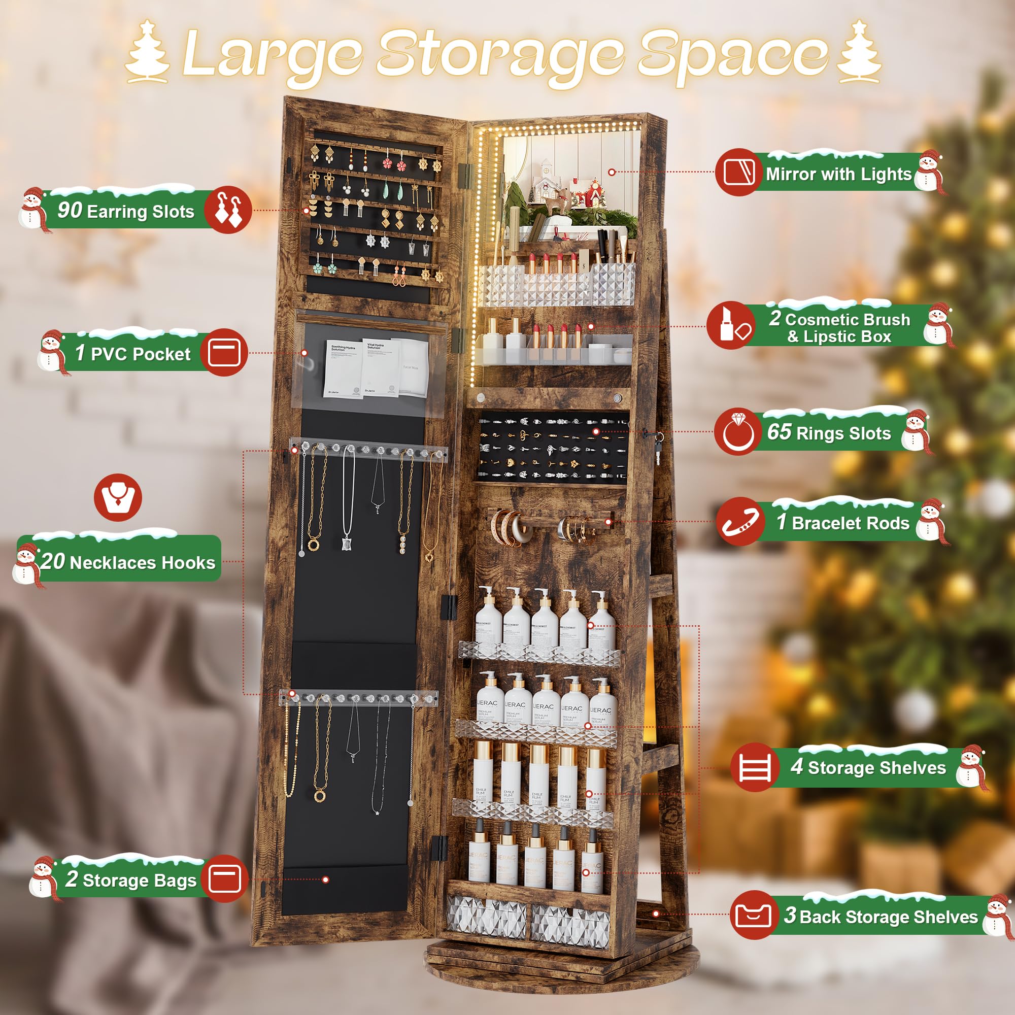 360° Swivel Mirror Jewelry Cabinet with LED Lights - Lockable Standing Jewelry Armoire Organizer with Storage Shelves for Bedroom, Bathroom & Dressing Room