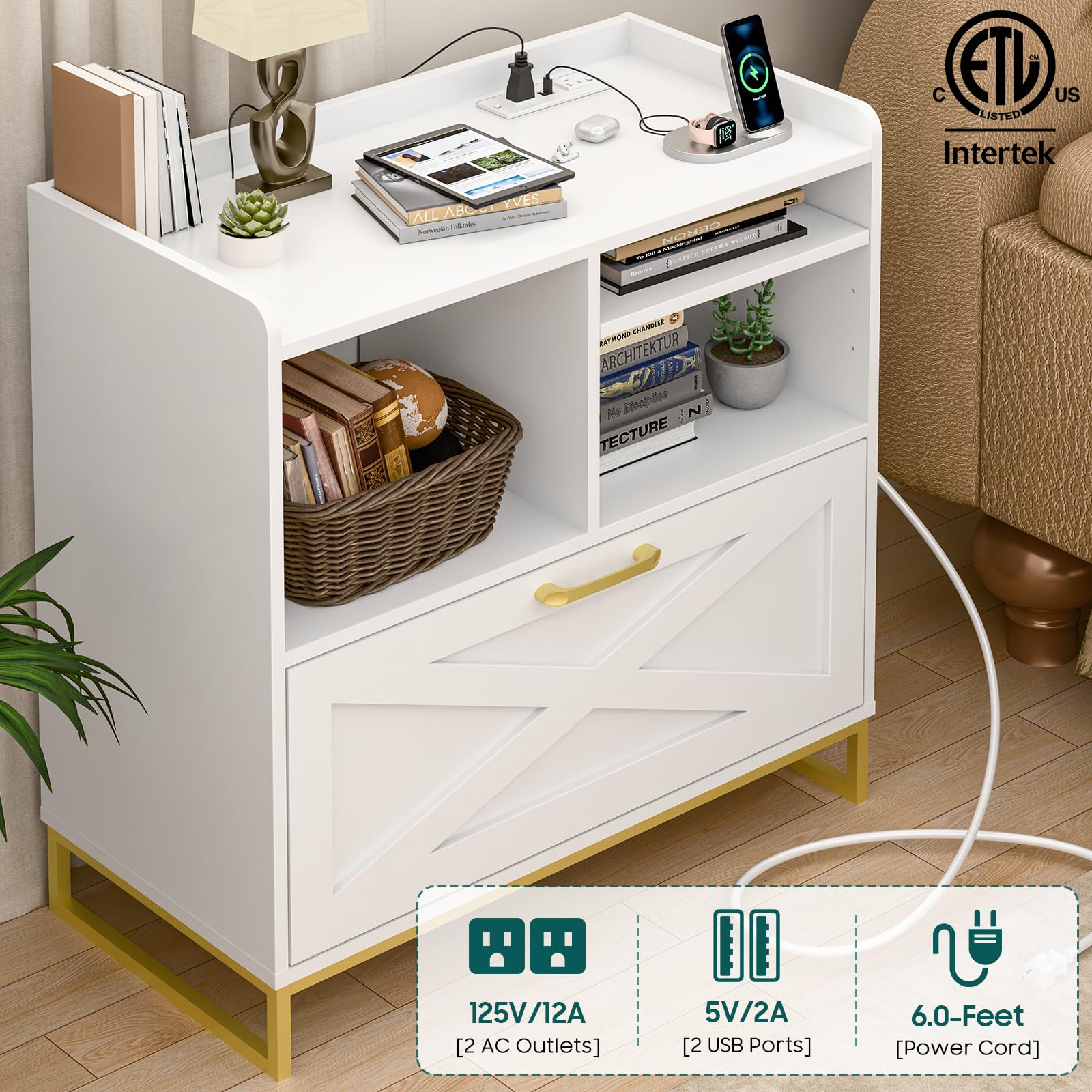 Modern Farmhouse Lateral File Cabinet with Charging Station - Large Wood File Storage Cabinet with Adjustable Shelves for Home Office Organization - White - Perfect for Office, Study Room & Home Workspace Storage