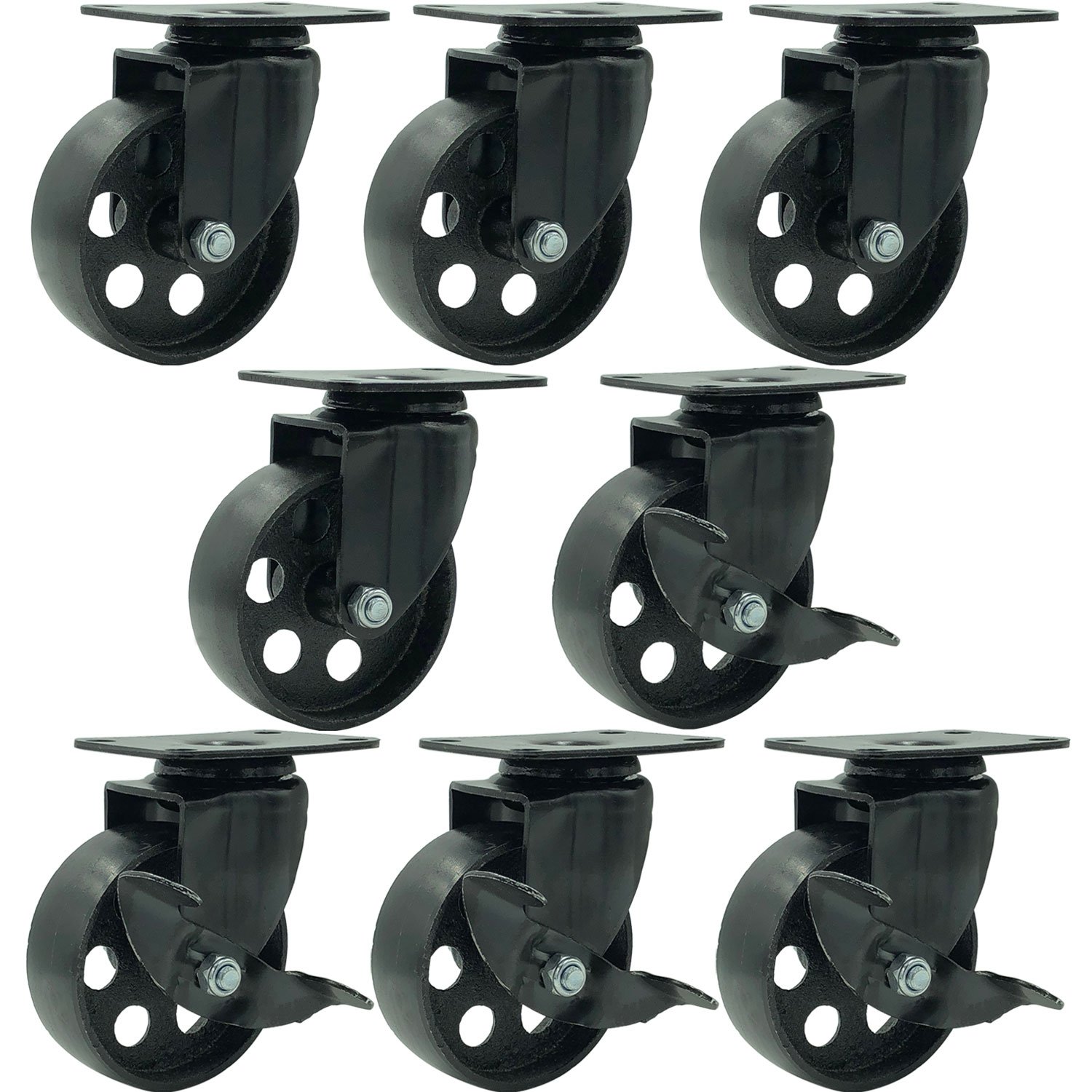 FactorDuty 8 All Black Heavy Duty Metal Swivel Plate Caster Wheels with Brake Lock - 3.5 Inch High-Gauge Steel Wheels for Industrial Equipment, Furniture, and Workshop Use