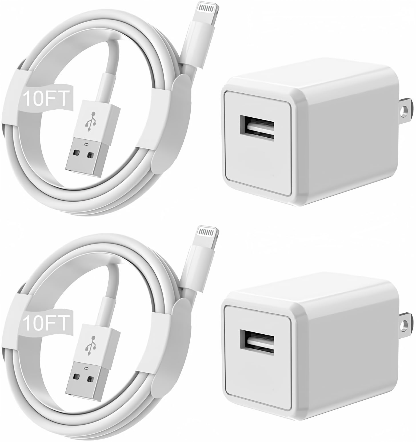 2-Pack 10FT Extra Long Lightning Cable with USB Wall Charger - Fast Charging Cord for iPhone 14/13/12/11/SE/8/7/XS/XR/X & iPad | Durable Travel Charger for Home, Office & Car Use