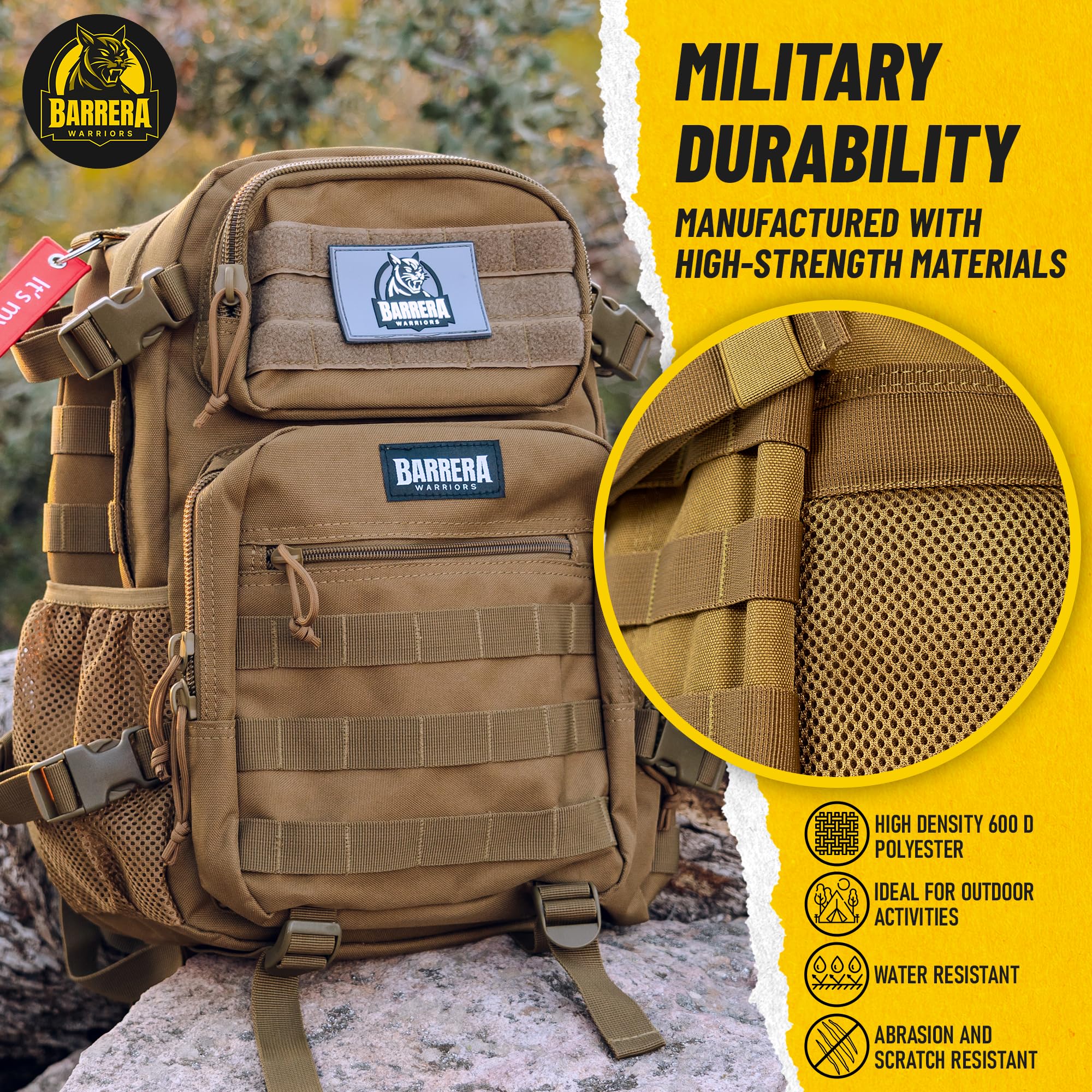 BARRERA Warriors 25L Tactical Backpack - Military MOLLE Assault Pack for Men, Durable Outdoor Hiking & Travel Backpack with Laptop Compartment (Mud Brown) - Perfect for Camping, Hiking, Airsoft & Everyday Use