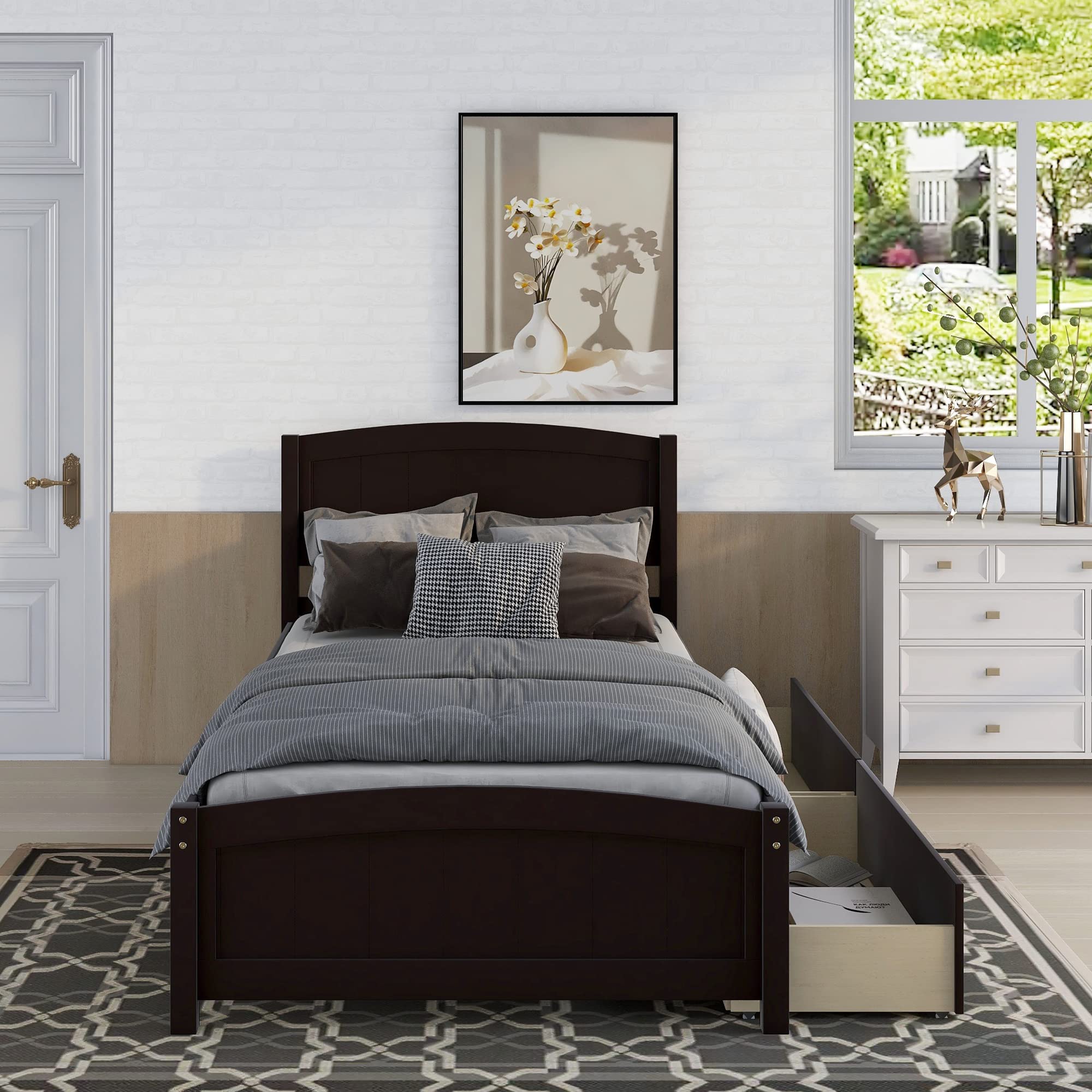 Harper & Bright Designs Twin Bed Frame - Solid Wood Platform Bed with 2 Storage Drawers, Headboard & Footboard, Wood Slat Support - Espresso Finish - Perfect for Kids Rooms, Guest Bedrooms & Small Spaces