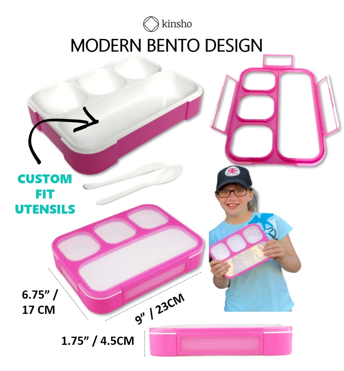 Bento Lunch Box for Kids & Adults - 4 Compartment Food Containers for School, Preschool, Daycare | BPA Free, Microwave Safe | Pink Rose Design (1 Pack) | Perfect for Healthy Meals, Snacks, Work & Picnics