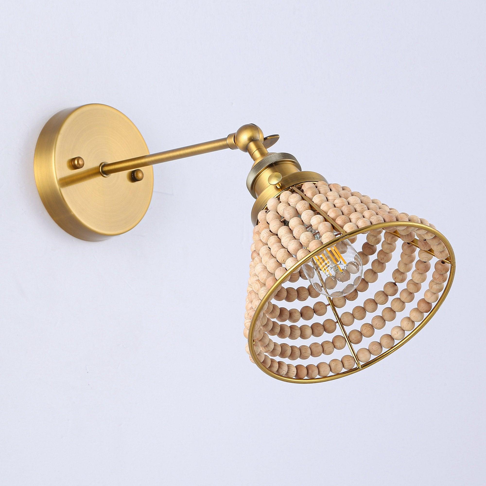 Modern Golden Wall Sconce Light with Wooden Beads - 1 Light Plug-in or Hardwired Fixture for Bedroom, Living Room, Hallway & Entryway Decor