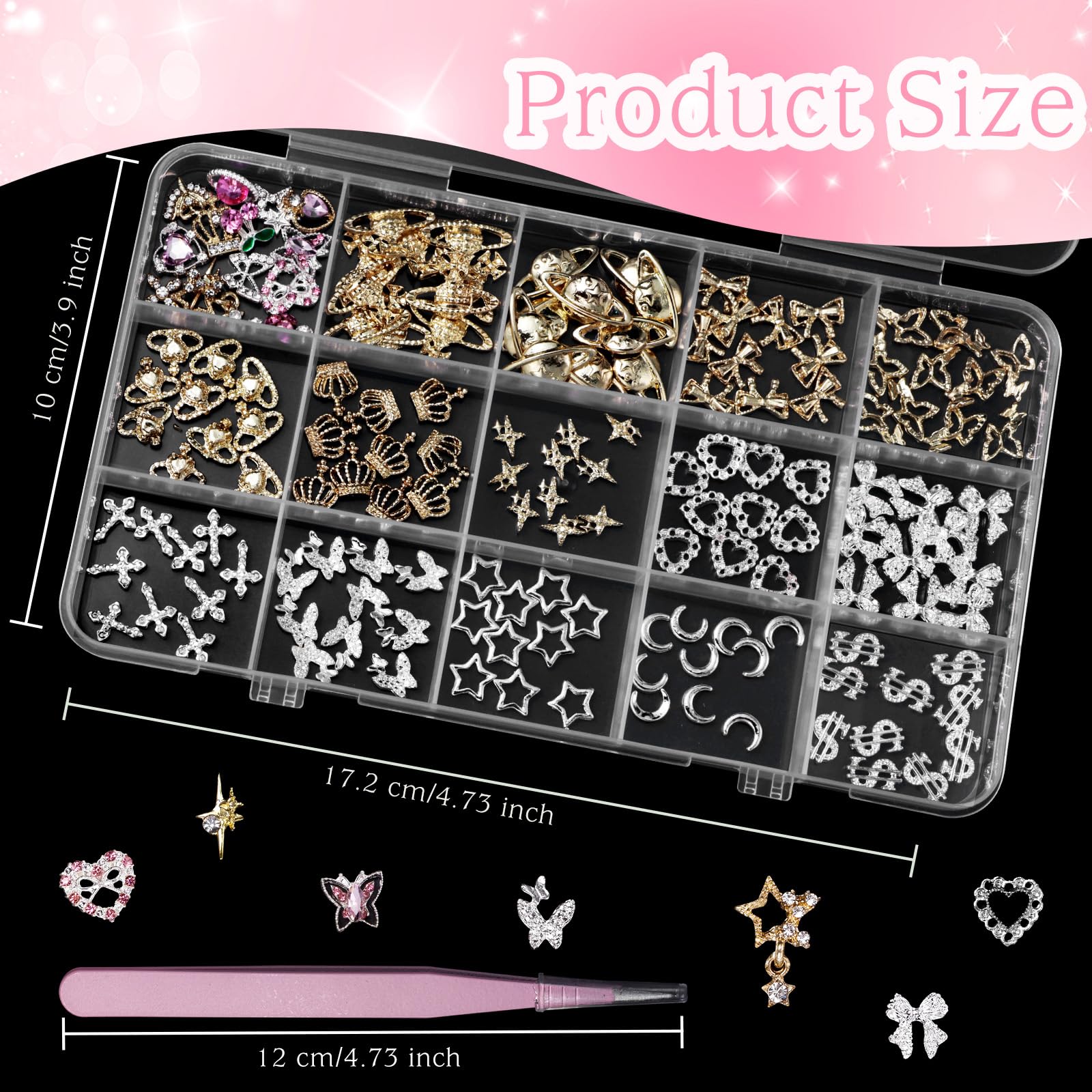 154 Pcs Alloy Star Cross Nail Gems Charms - Silver Gold Bow Crown Butterfly 3D Nail Jewelry for DIY Nail Art | Perfect for Manicures, Pedicures, and Nail Decoration Parties