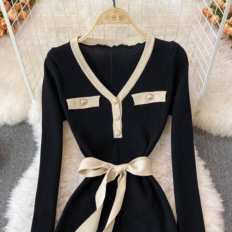 Elegant V-Neck Knit Sweater Dress for Women - Korean Style Winter Long Skirt with Belt | Perfect for Office, Date Night & Holiday Parties