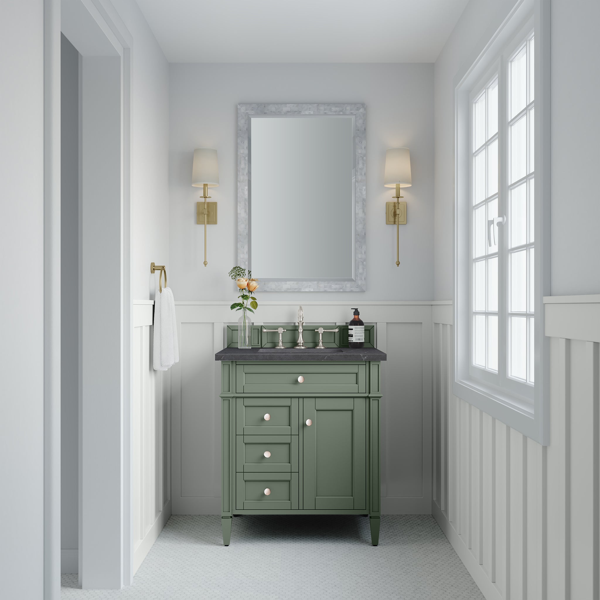 Brittany 30-Inch Single Bathroom Vanity in Smokey Celadon with 3CM Charcoal Soapstone Top - Perfect for Modern Master Bathrooms & Powder Rooms