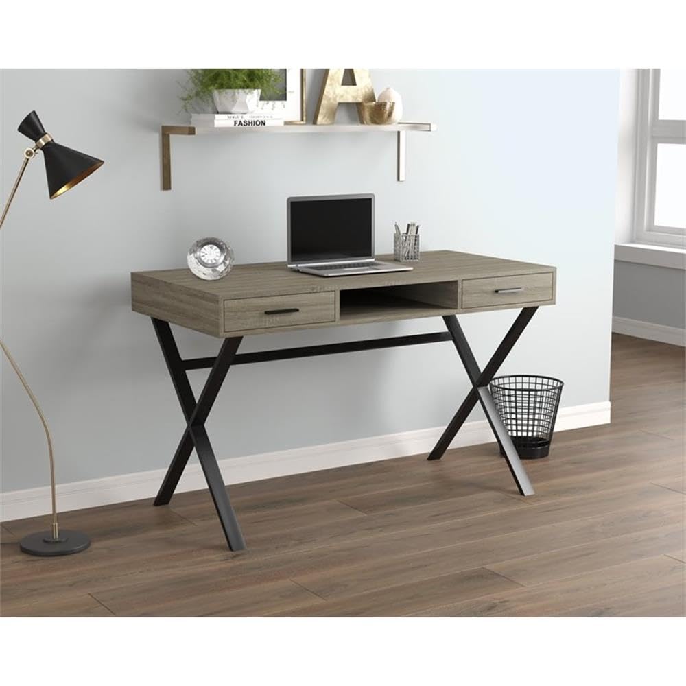 Safdie & Co. Dark Taupe 2-Drawer 1-Shelf Black Metal Computer Desk - Compact Home Office Desk for Small Spaces, Dorm Room & Workstation Setup
