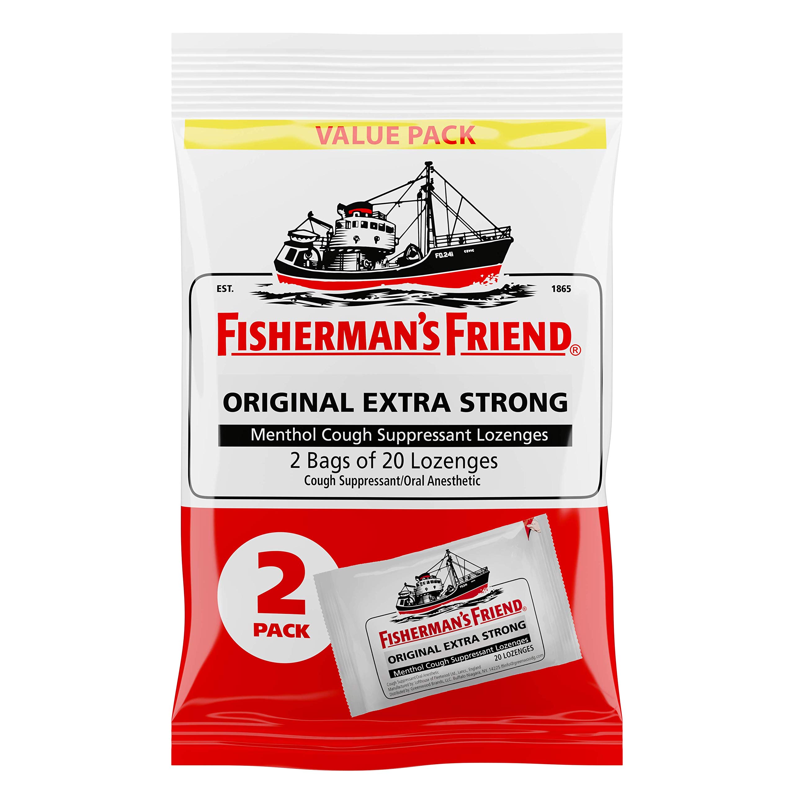 Fisherman's Friend Original Extra Strong Menthol Cough Drops - 40 Count Pack - Soothes Throat & Relieves Cough - Perfect for Cold, Flu, and Outdoor Activities