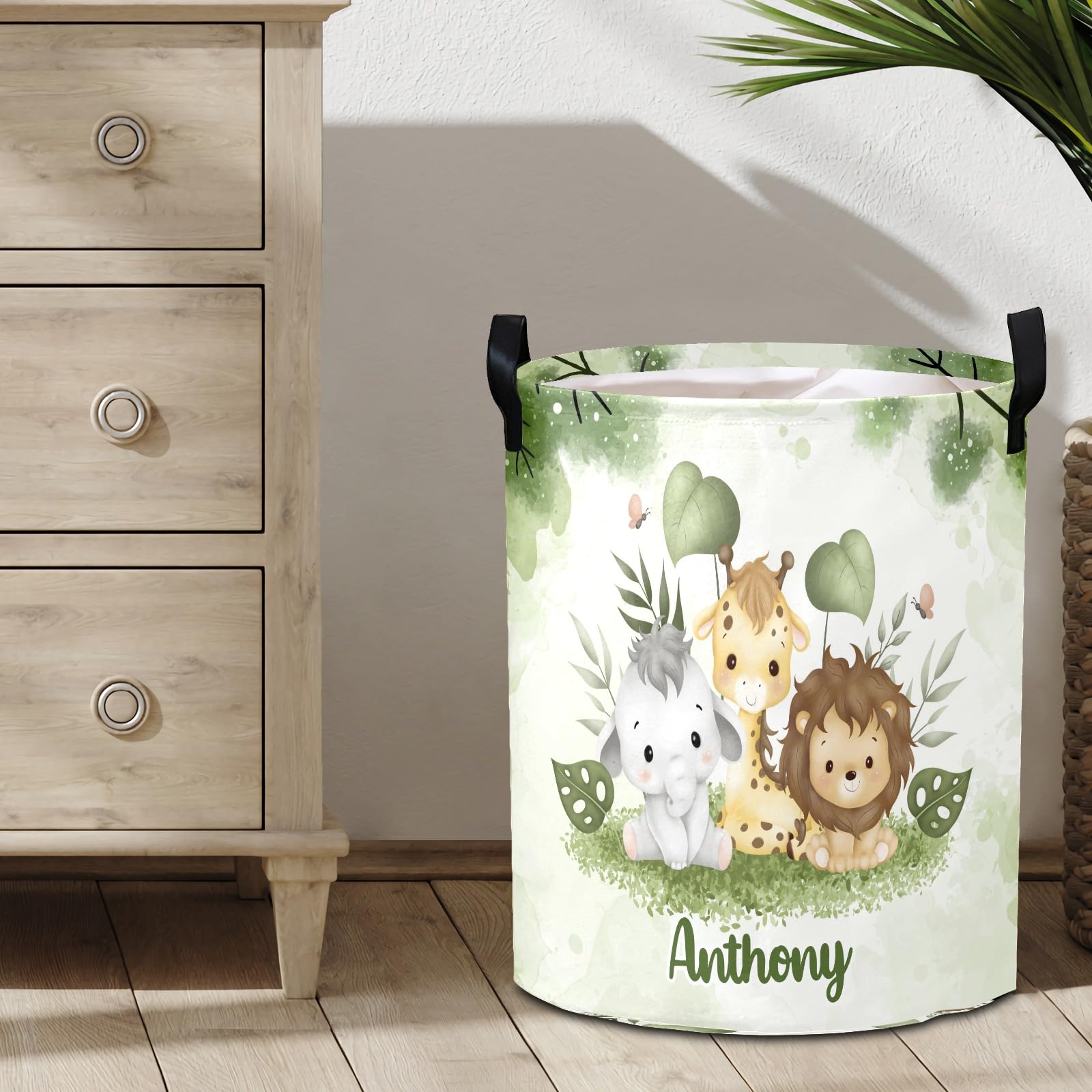 Jungle Animal Leaves Green Personalized Laundry Hamper - Collapsible Storage Basket with Handles for Kids Room, Nursery Decor & Clothes Organization - Perfect for Baby Shower Gifts, Toddler Bedroom Storage & Playroom Organization
