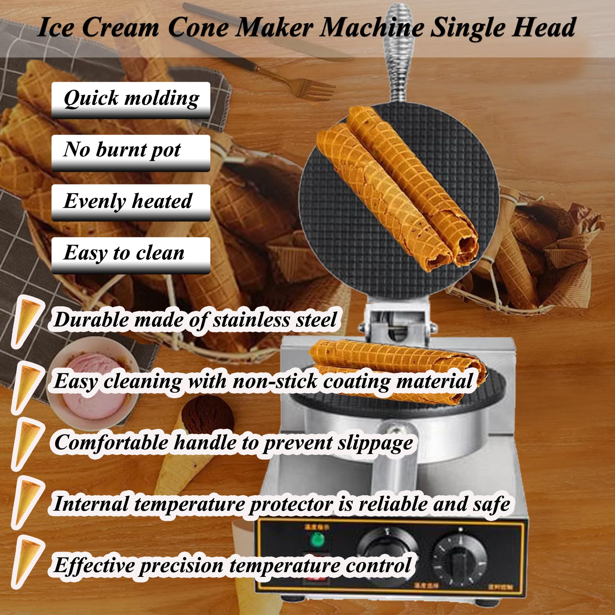 Electric Ice Cream Cone Maker Machine - Nonstick Waffle Cone & Egg Roll Maker with Timer, 110V Stainless Steel Single Head - Perfect for Home Desserts, Parties & Ice Cream Shops