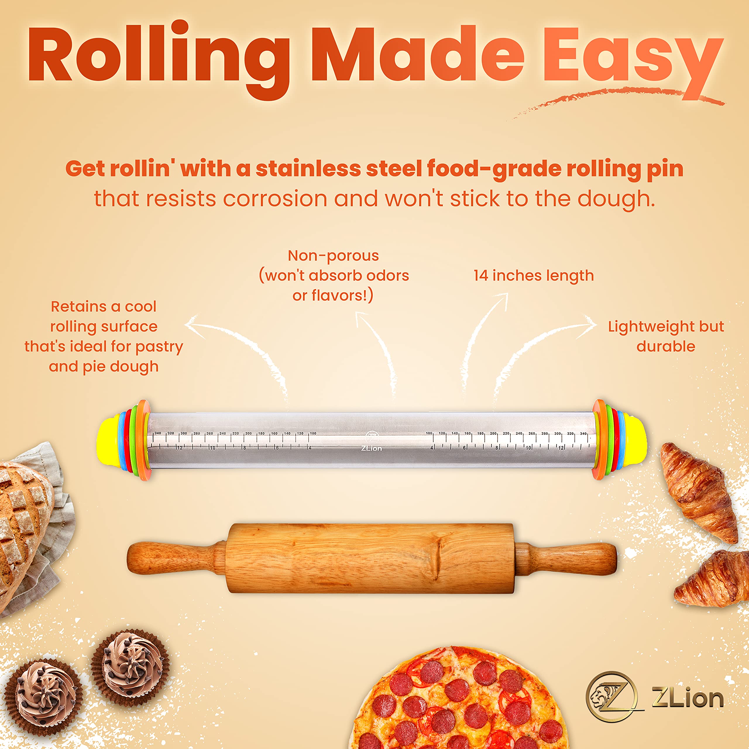 Premium Stainless Steel Rolling Pin with Thickness Rings - Adjustable Dough Roller for Baking Pizza, Pastry, Pasta & Cookies | Non-Stick & Corrosion-Resistant | Perfect for Home Bakers & Professional Kitchens