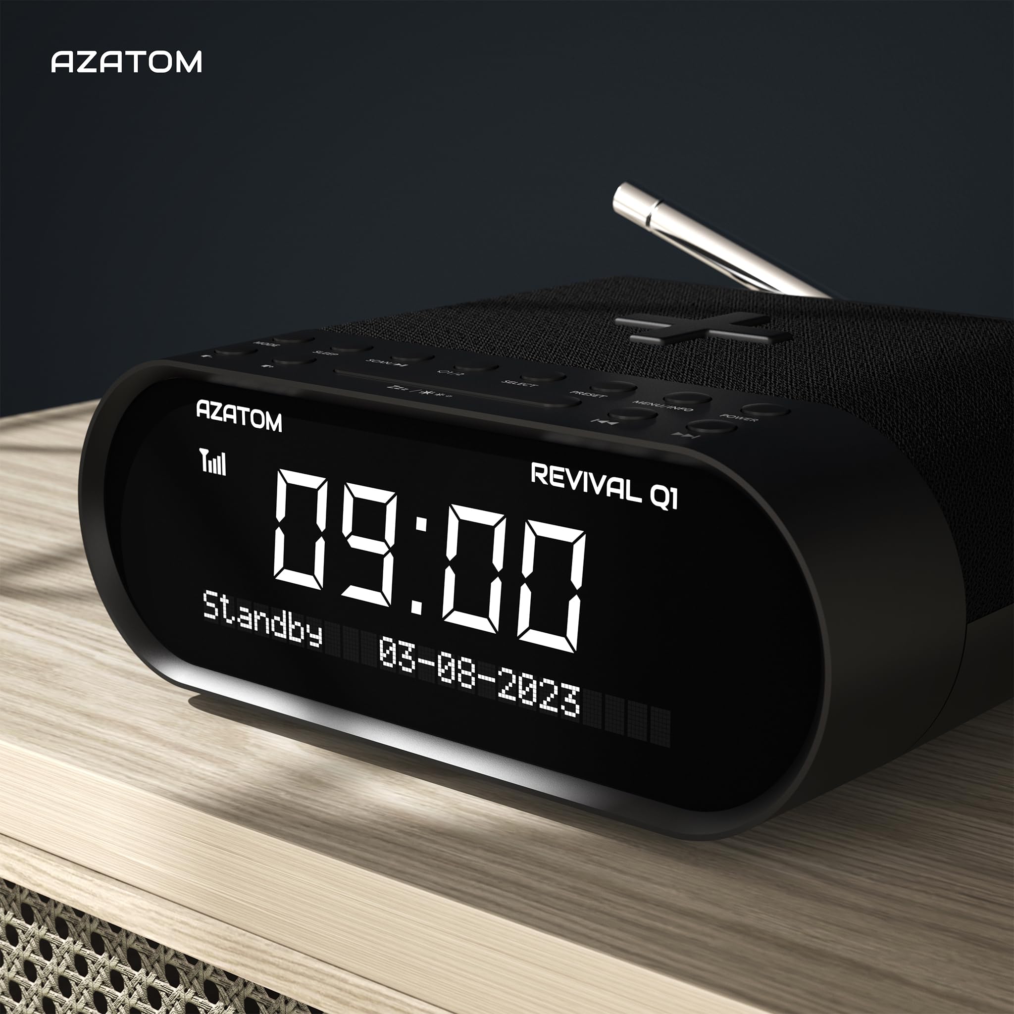 AZATOM Revival Q1 Black DAB+ Digital FM Clock Radio with Bluetooth, Wireless Charging & Dual Alarm - Bedside Alarm Clock with Sleep Timer, USB Port, AUX & Headphone Jack for Home, Office & Travel Use
