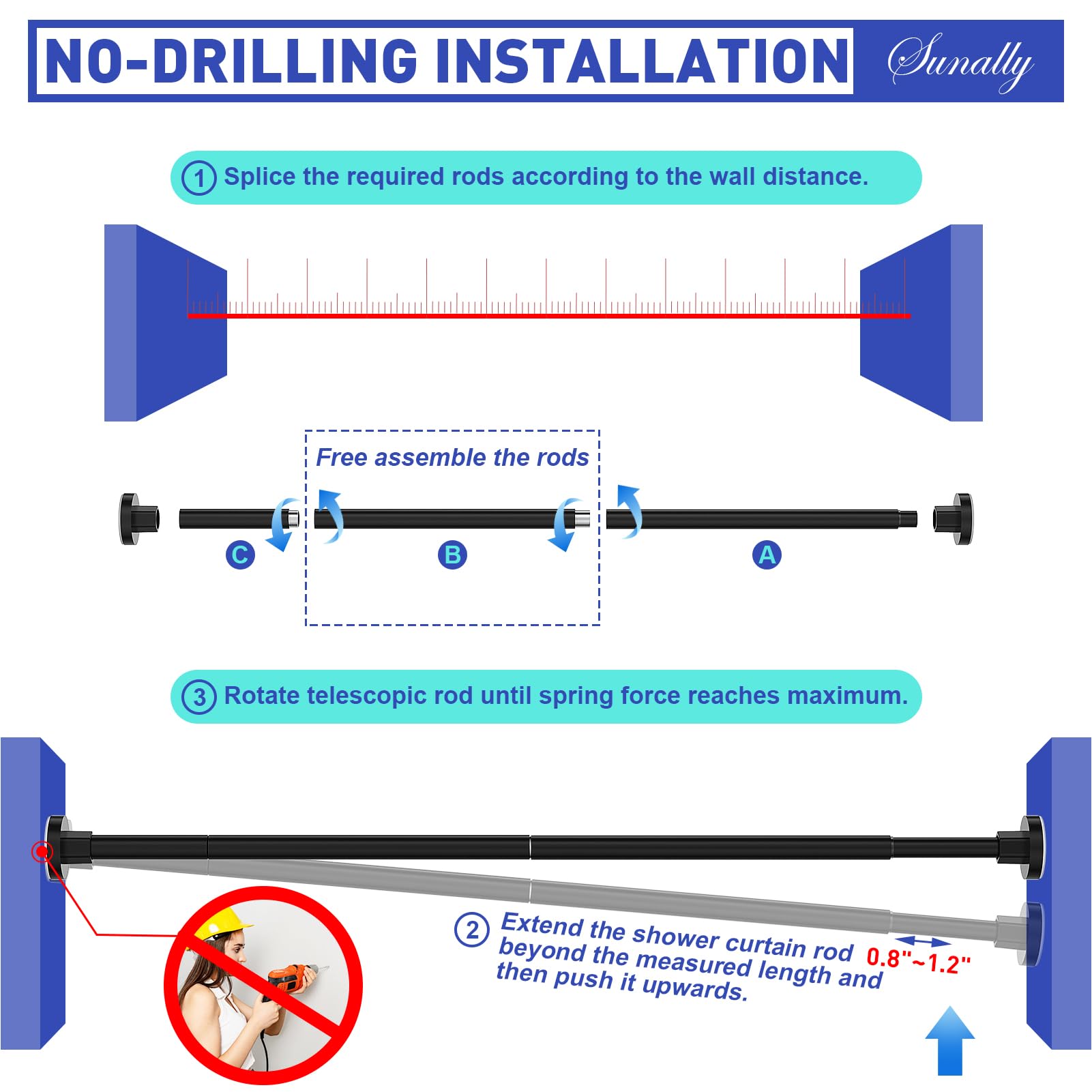 No-Drill Adjustable Shower Curtain Rod 32-75 Inch, Rust-Resistant Stainless Steel Telescoping Tension Rod for Bathroom - Non-Slip, Black - Perfect for Apartments, Dorms & Small Bathrooms