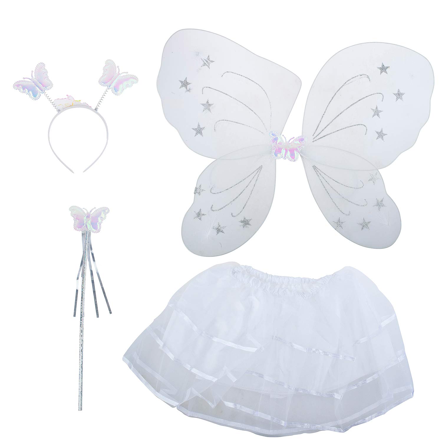 LUX ACCESSORIES Halloween Fairy Costume Set for Girls - Butterfly Wing Skirt, Headband, Wand, 4pc Cute Outfit for Parties, Dress-Up & Photo Shoots