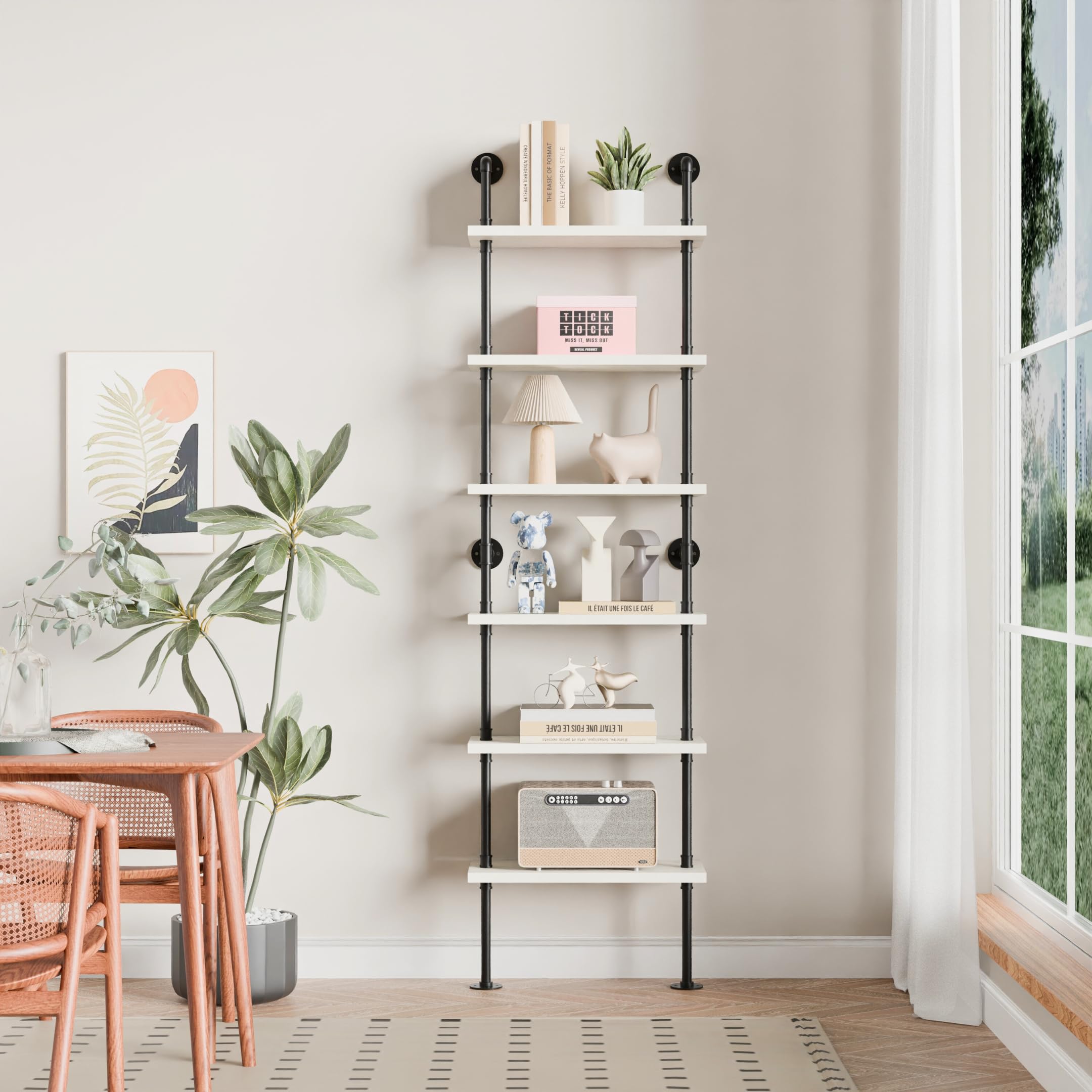 Industrial Ladder Pipe Shelves - Wall Mounted Wood & Metal Rustic Bookshelf for Living Room, Bedroom, Office - 6 Tier Storage Shelf (10