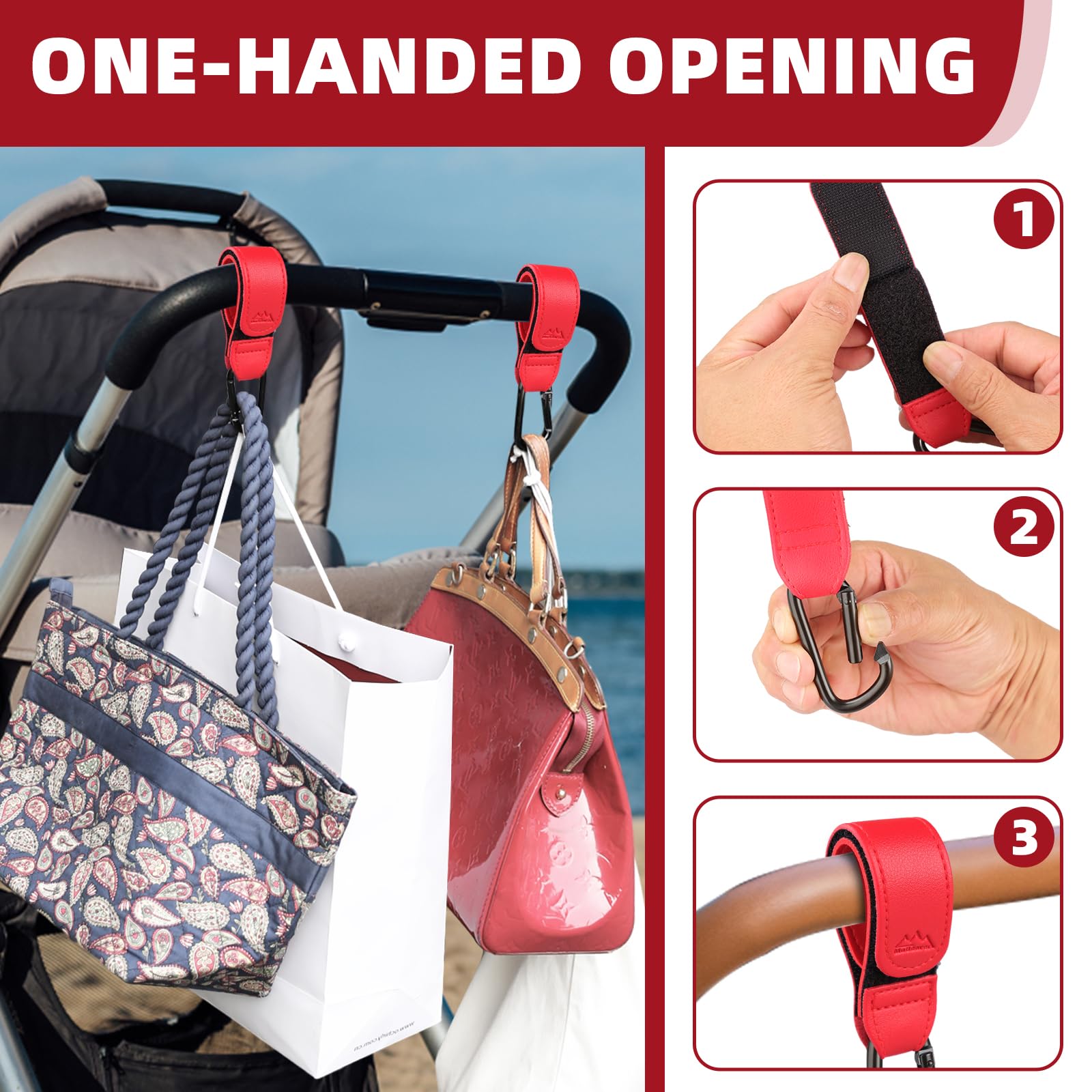 Premium Baby Stroller Hooks - 2 Pack Multipurpose Bag Hangers for Diaper Bags & Grocery Shopping | Durable Vegan Leather Pram Straps (Red) | Perfect for Strollers, Shopping Carts & Travel Gear Organization