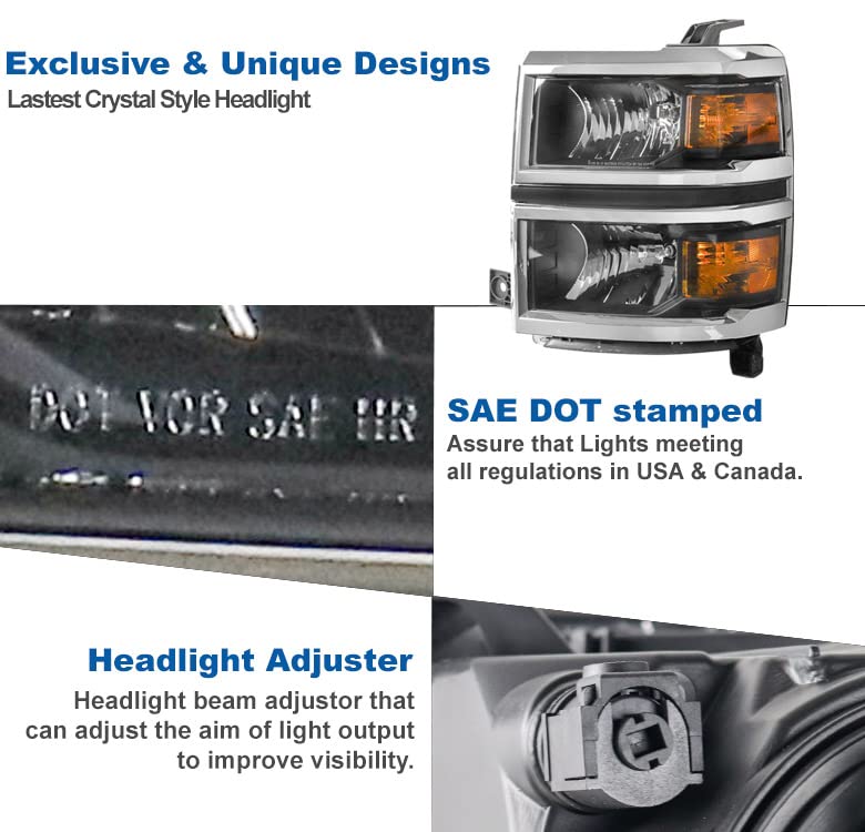 Replacement Headlights Headlamps Black/Chrome Trim Compatible with 2014-2015 Chevy Silverado 1500 - Upgrade Your Truck Lighting for Night Driving & Off-Road Adventures