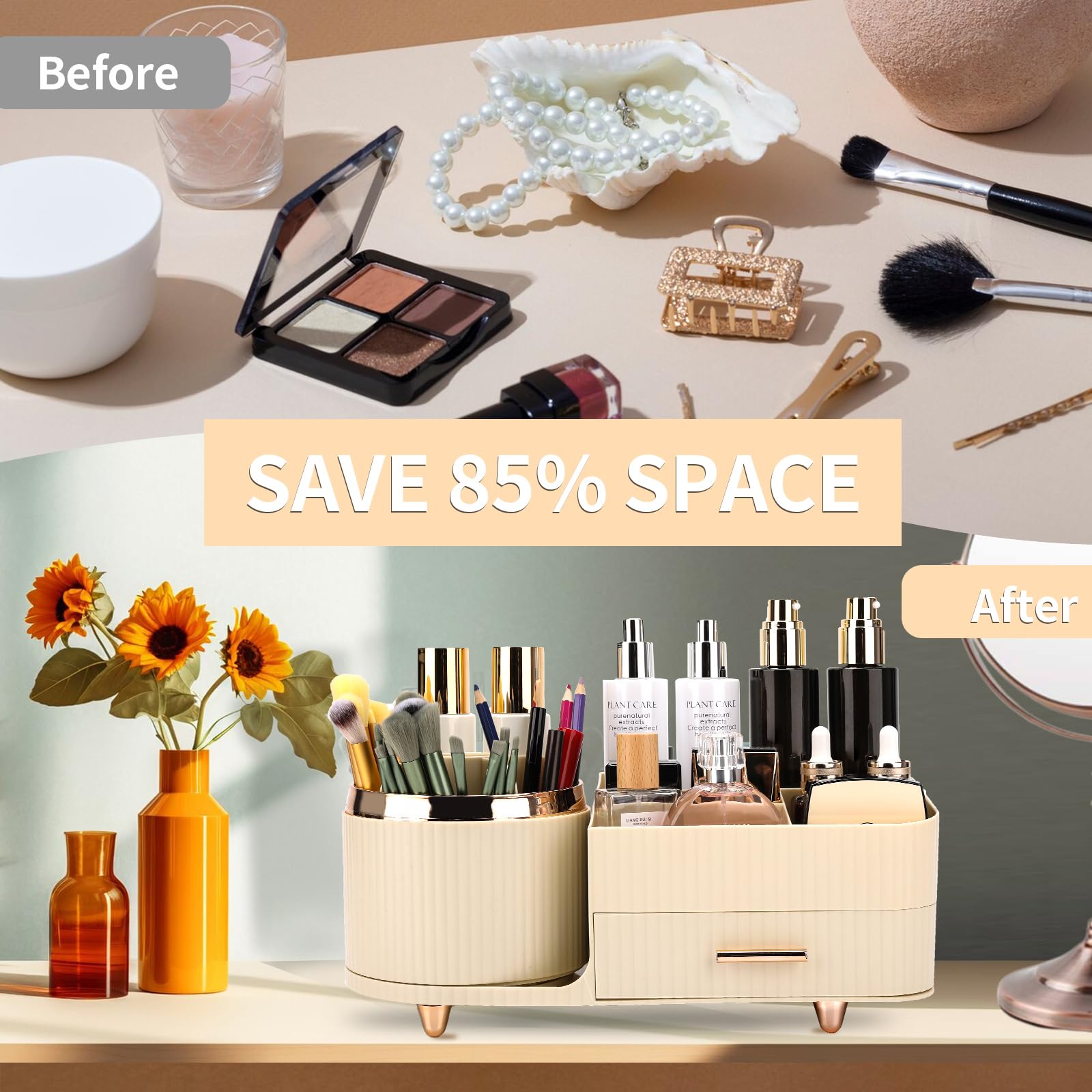 Beborxue 360° Rotating Makeup Organizer with Drawers - Large Capacity Cosmetic Display Case & Skincare Organizer for Lipstick, Brushes, Eyeshadow | Perfect for Vanity, Bathroom & Dressing Table Organization (Rice White)