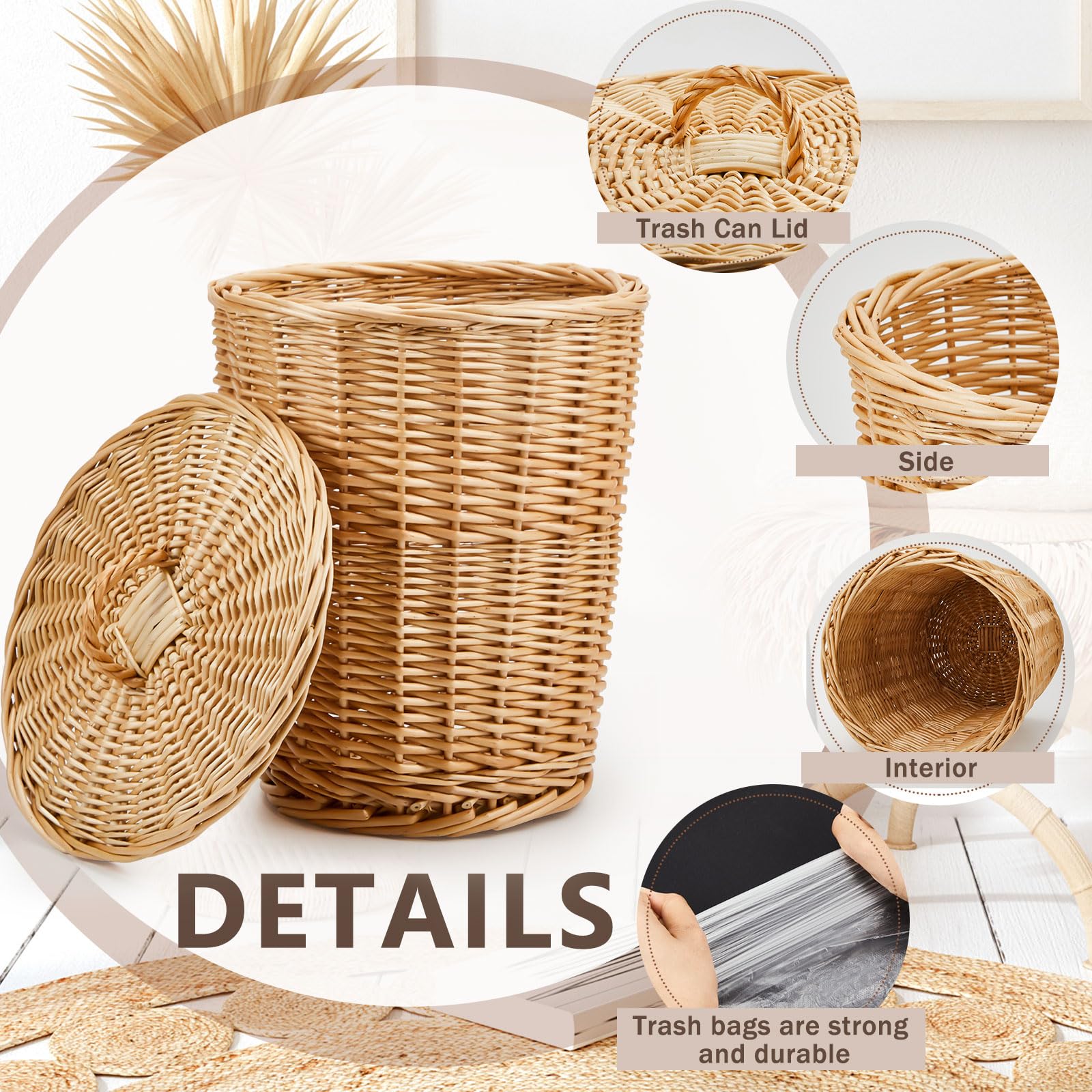 Maxcheck 2-Pack Woven Wicker Trash Can with Lid & 100 Plastic Bags - Eco-Friendly Waste Basket for Bathroom, Kitchen, Bedroom, Office & Laundry Room - Perfect for Home Organization & Waste Disposal