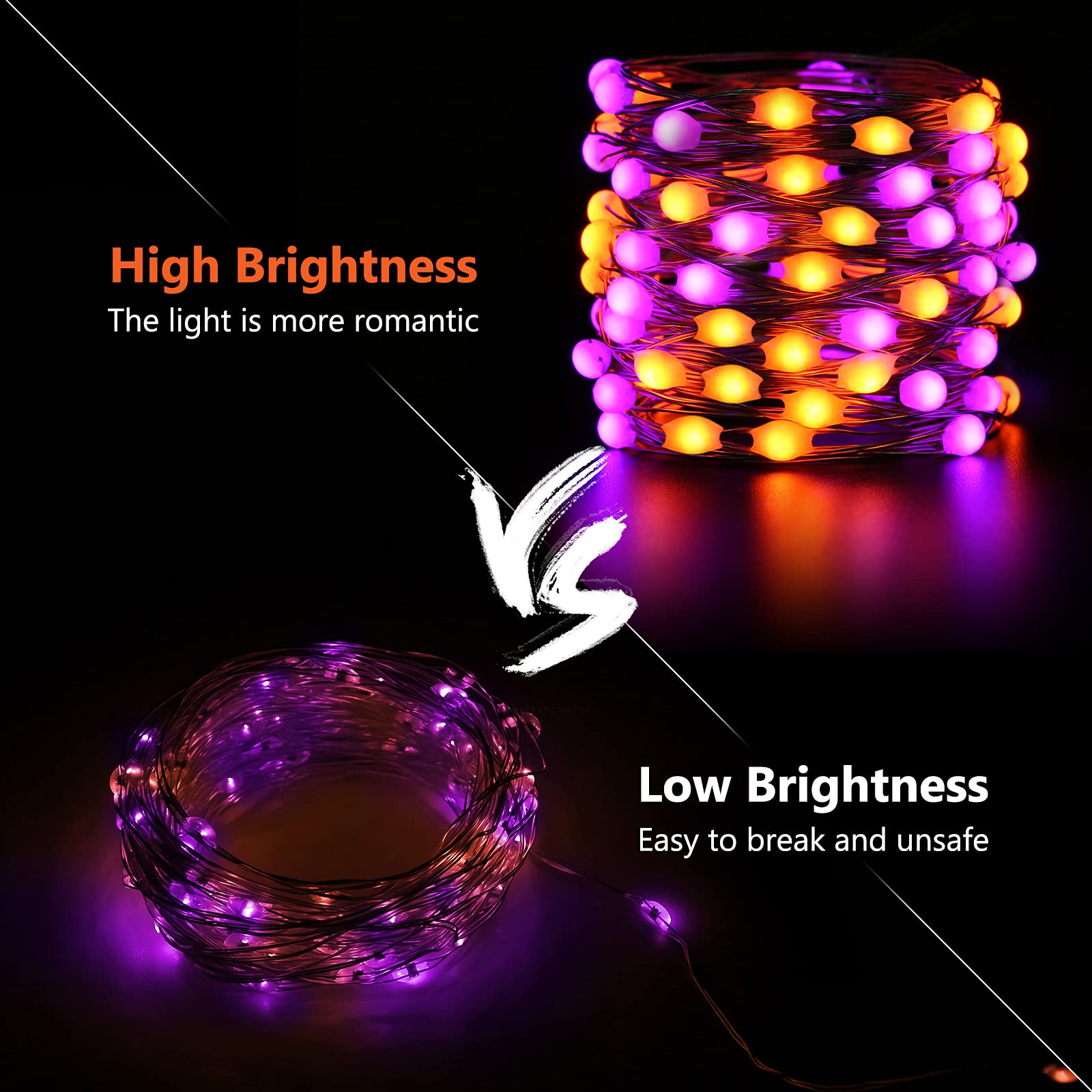 Orange Purple Halloween String Lights - 17.59ft 50 LED Waterproof Fairy Lights with 8 Modes & Battery Power for Outdoor Haunted House Decorations, Party, Garden, and Yard Halloween Decor